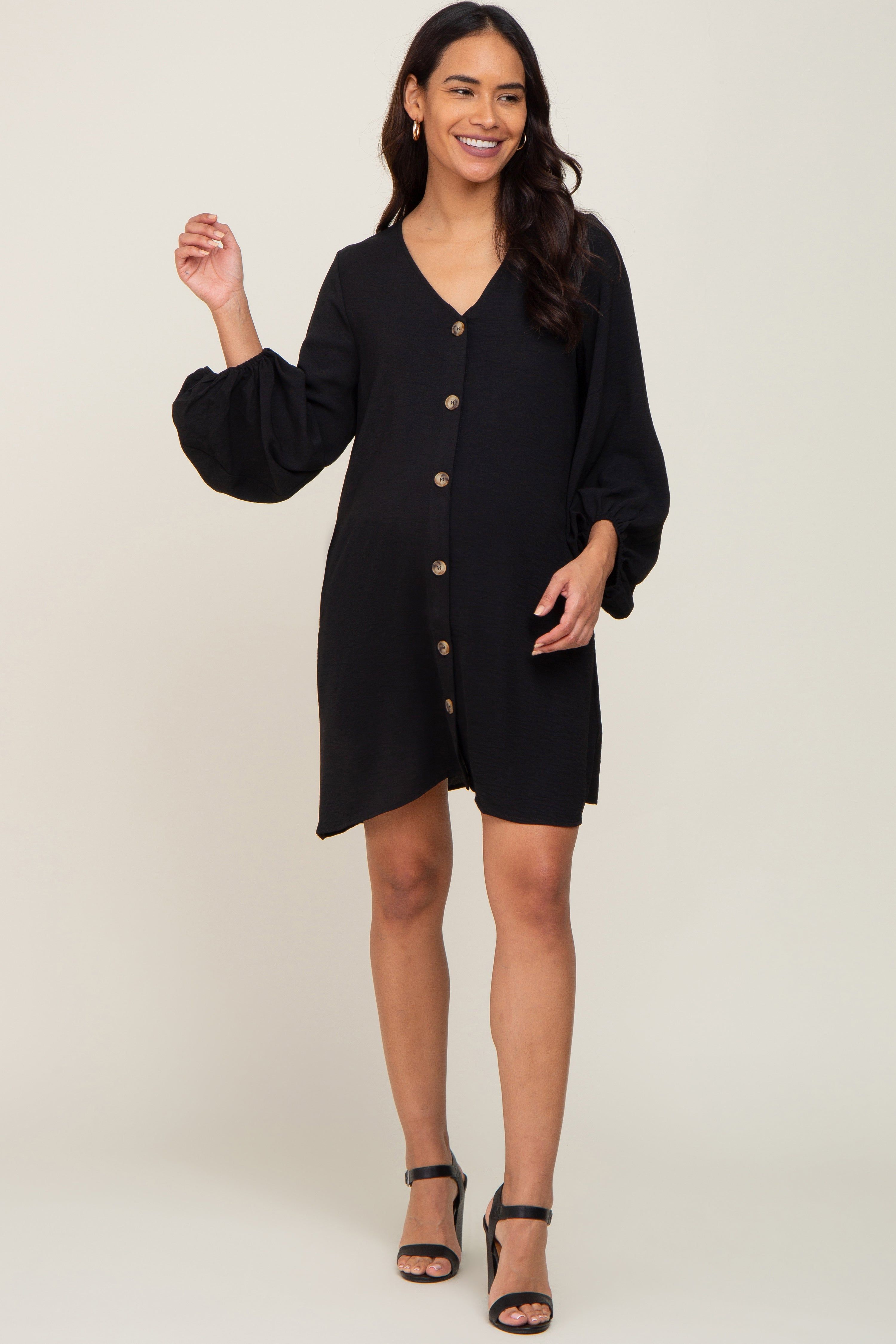 Black Button Front Balloon Sleeve Maternity Dress sold by Pinkblush product image thumbnail 5