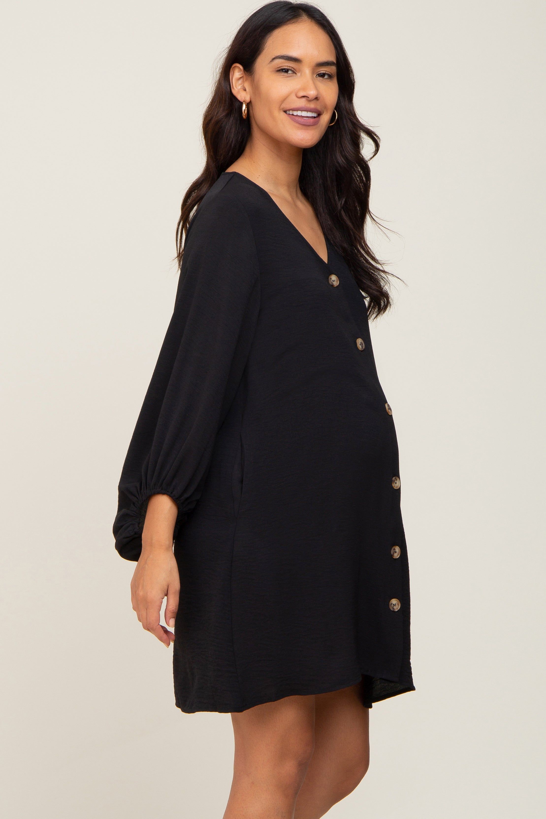 Black Button Front Balloon Sleeve Maternity Dress sold by Pinkblush product image thumbnail 2