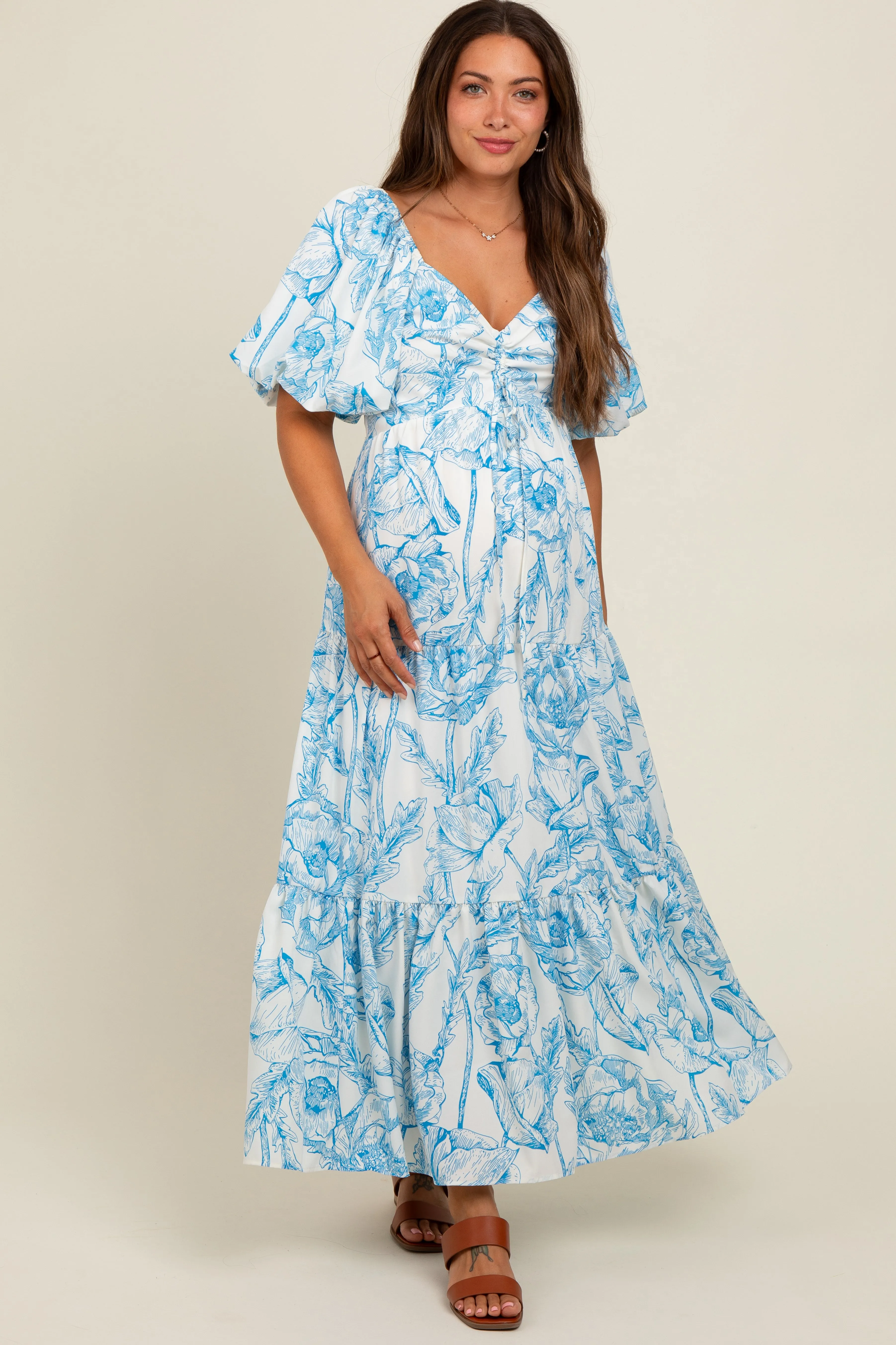 Blue Floral Cinched Tie Maternity Maxi Dress sold by Pinkblush product image thumbnail 2