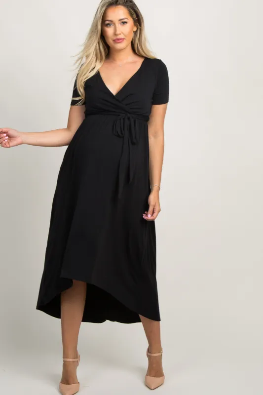 Black Solid Hi-Low Maternity Wrap Dress sold by Pinkblush