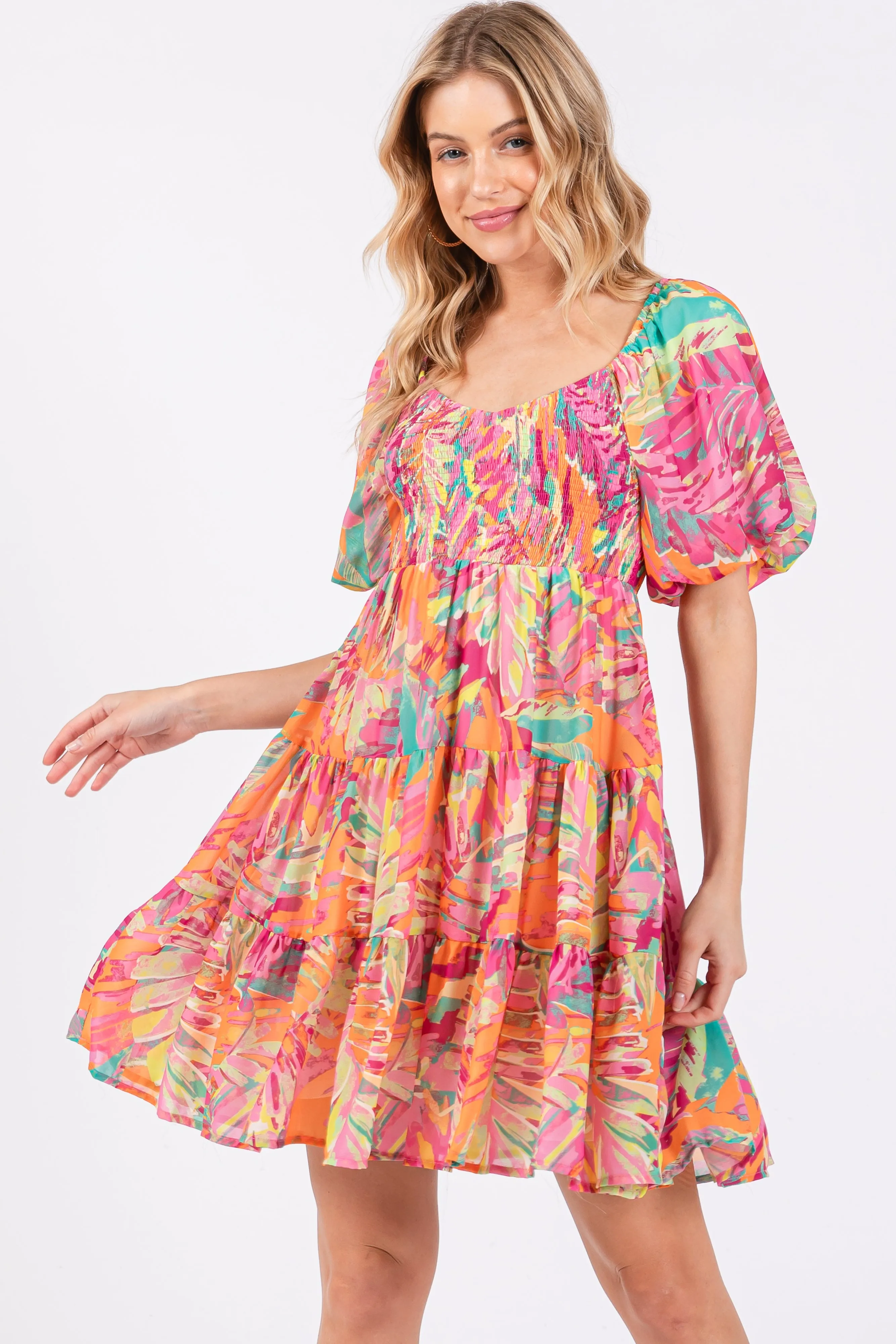 Fuchsia Printed Smocked Puff Sleeve Maternity Dress sold by Pinkblush product image thumbnail 5