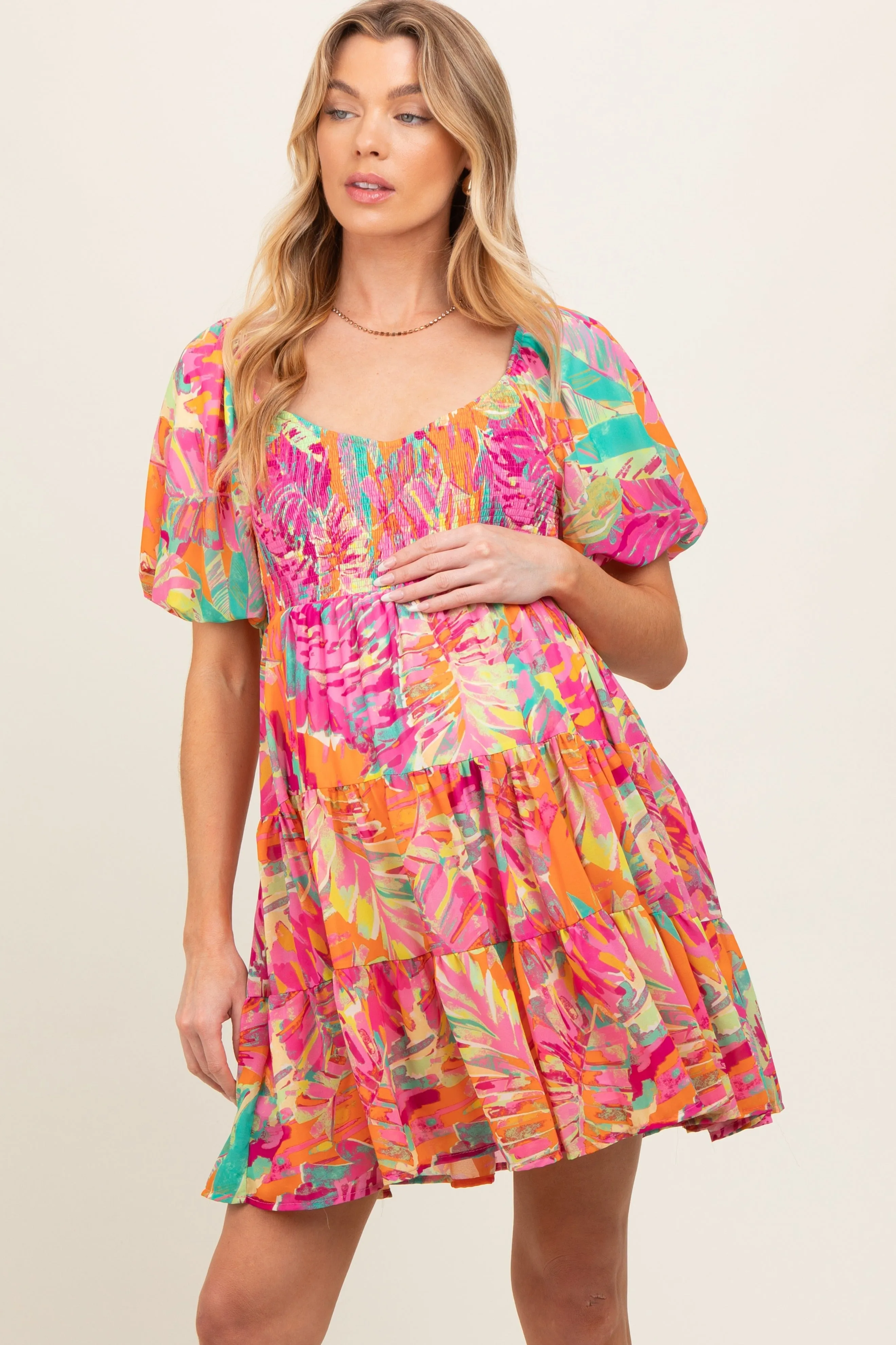 Fuchsia Printed Smocked Puff Sleeve Maternity Dress sold by Pinkblush product image thumbnail 2