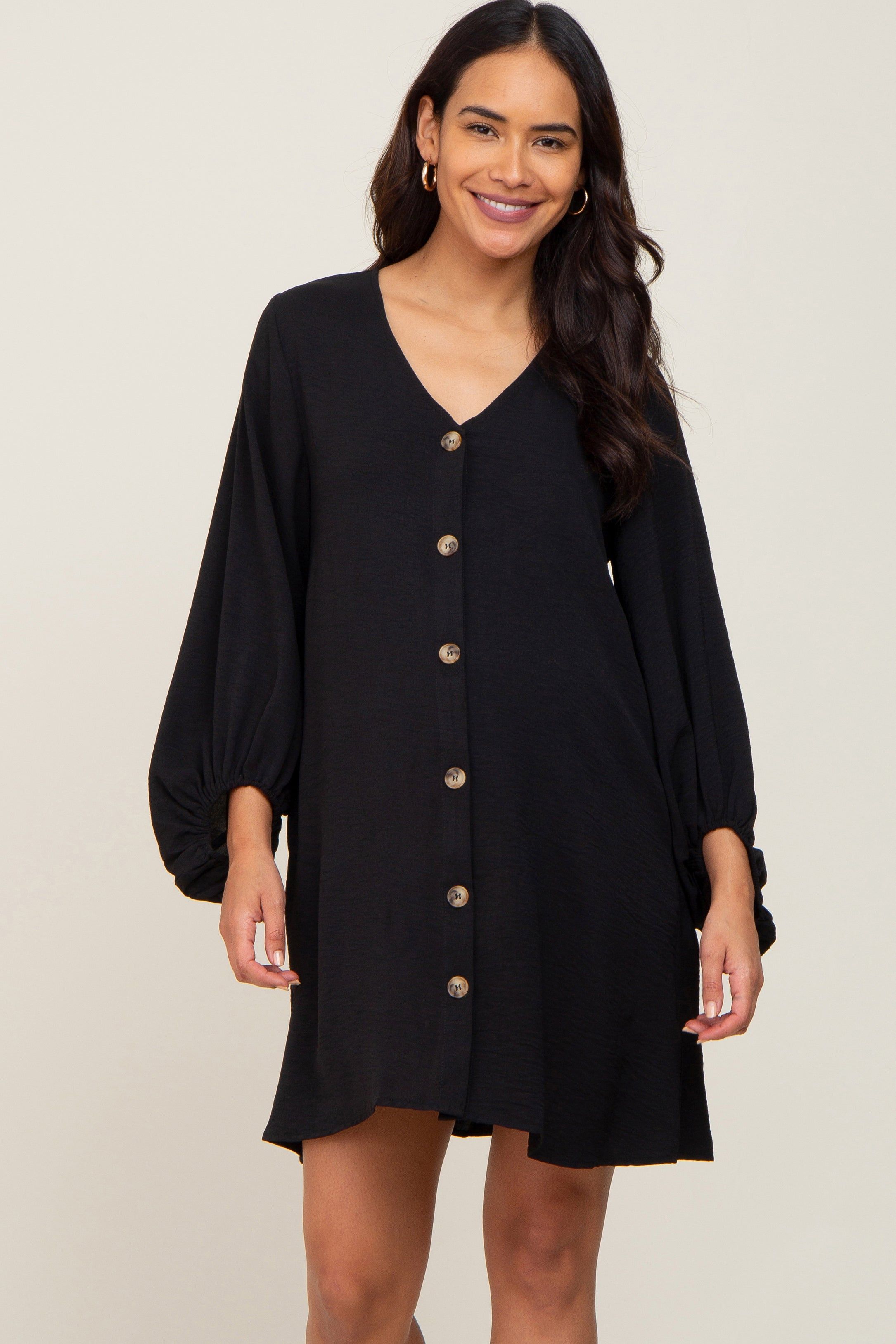 Black Button Front Balloon Sleeve Maternity Dress sold by Pinkblush