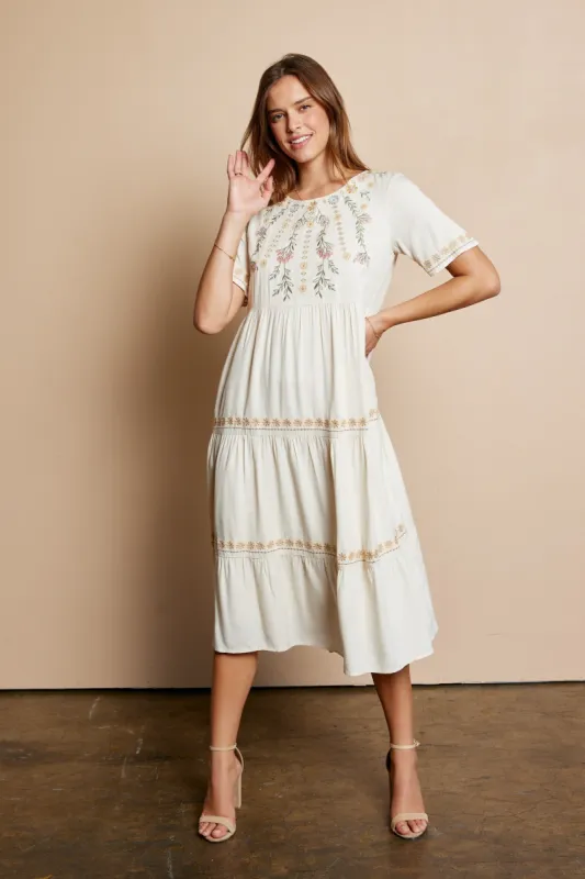 Cream Embroidered Tier Midi Dress sold by Pinkblush