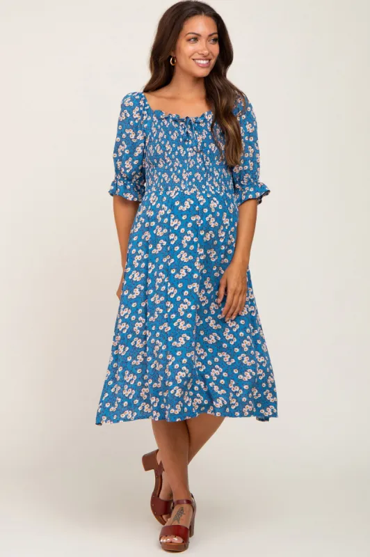 Blue Floral Smocked Front Tie Maternity Midi Dress sold by Pinkblush