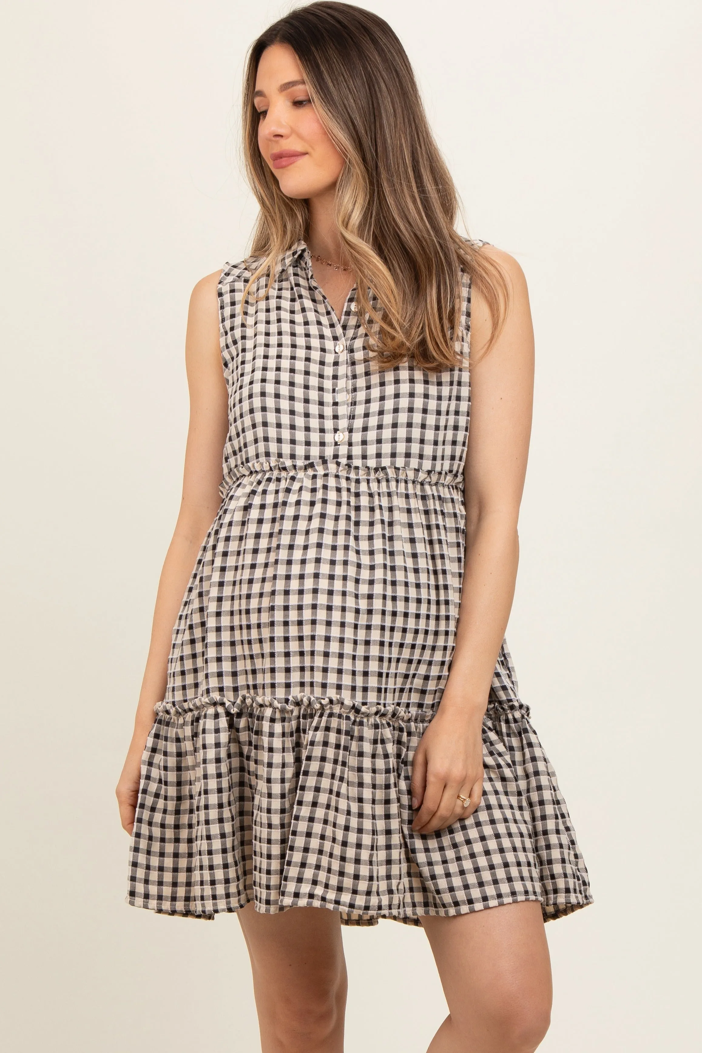 Black Gingham Button Front Collared Maternity Dress sold by Pinkblush product image thumbnail 2