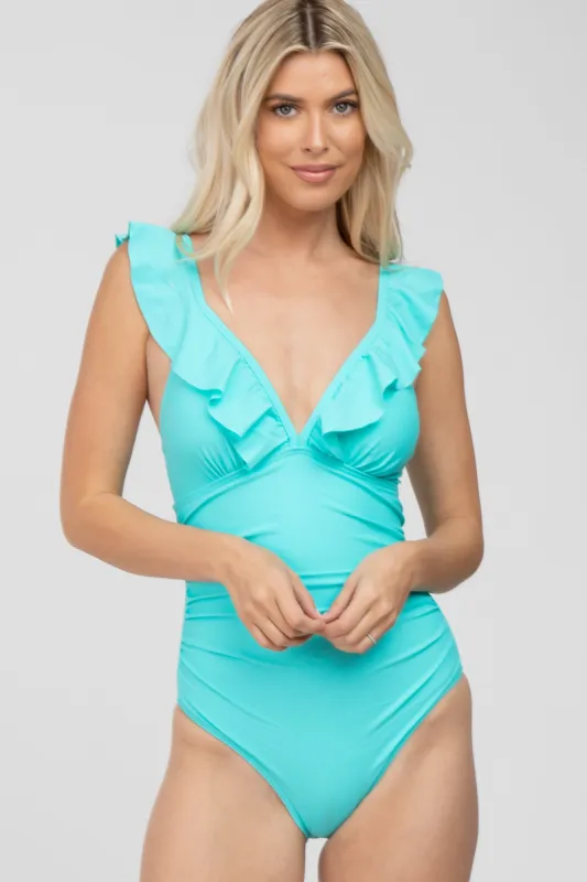 Aqua Ruffle One-Piece Swimsuit sold by Pinkblush