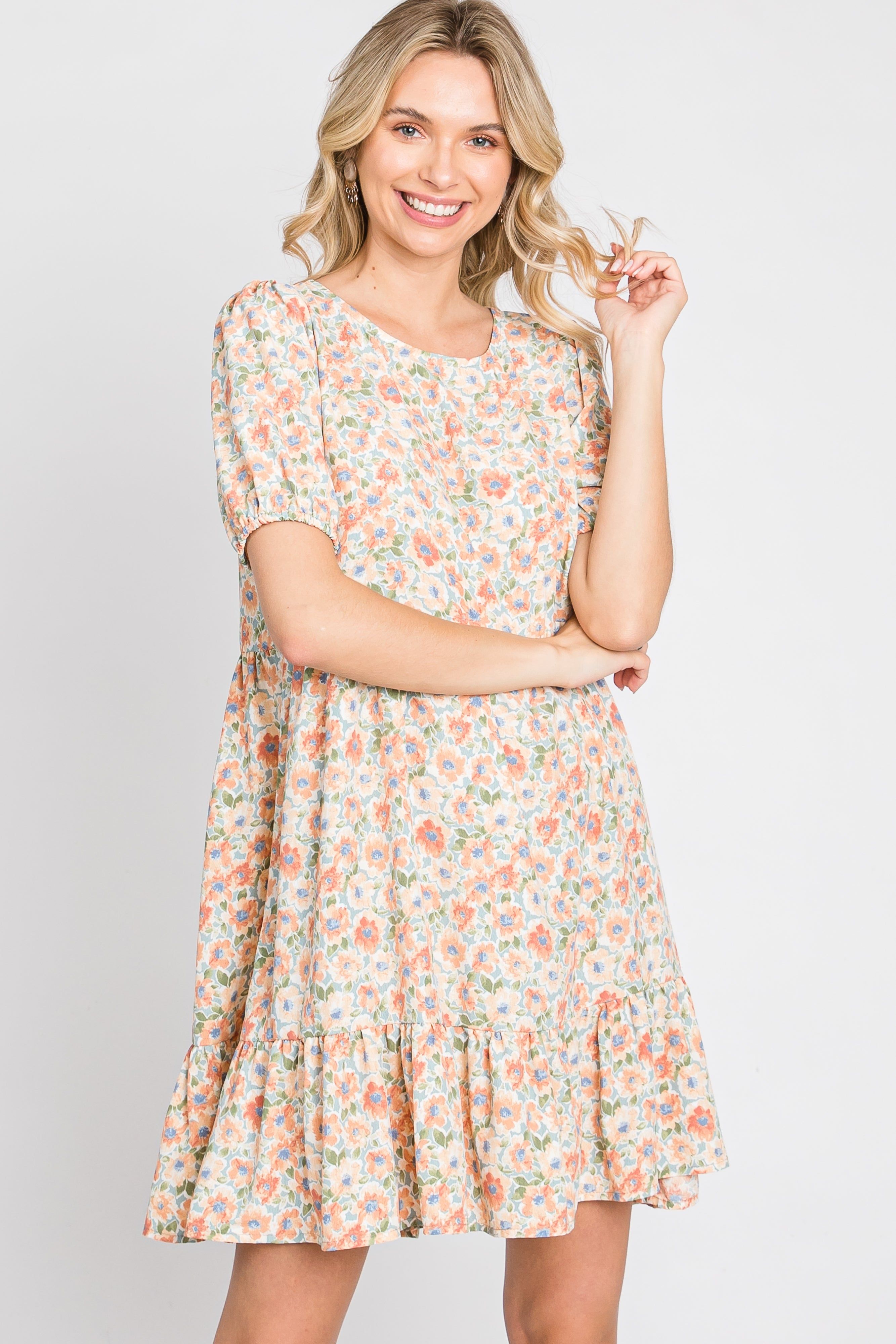 Sage Floral Short Sleeve Ruffle Hem Dress sold by Pinkblush