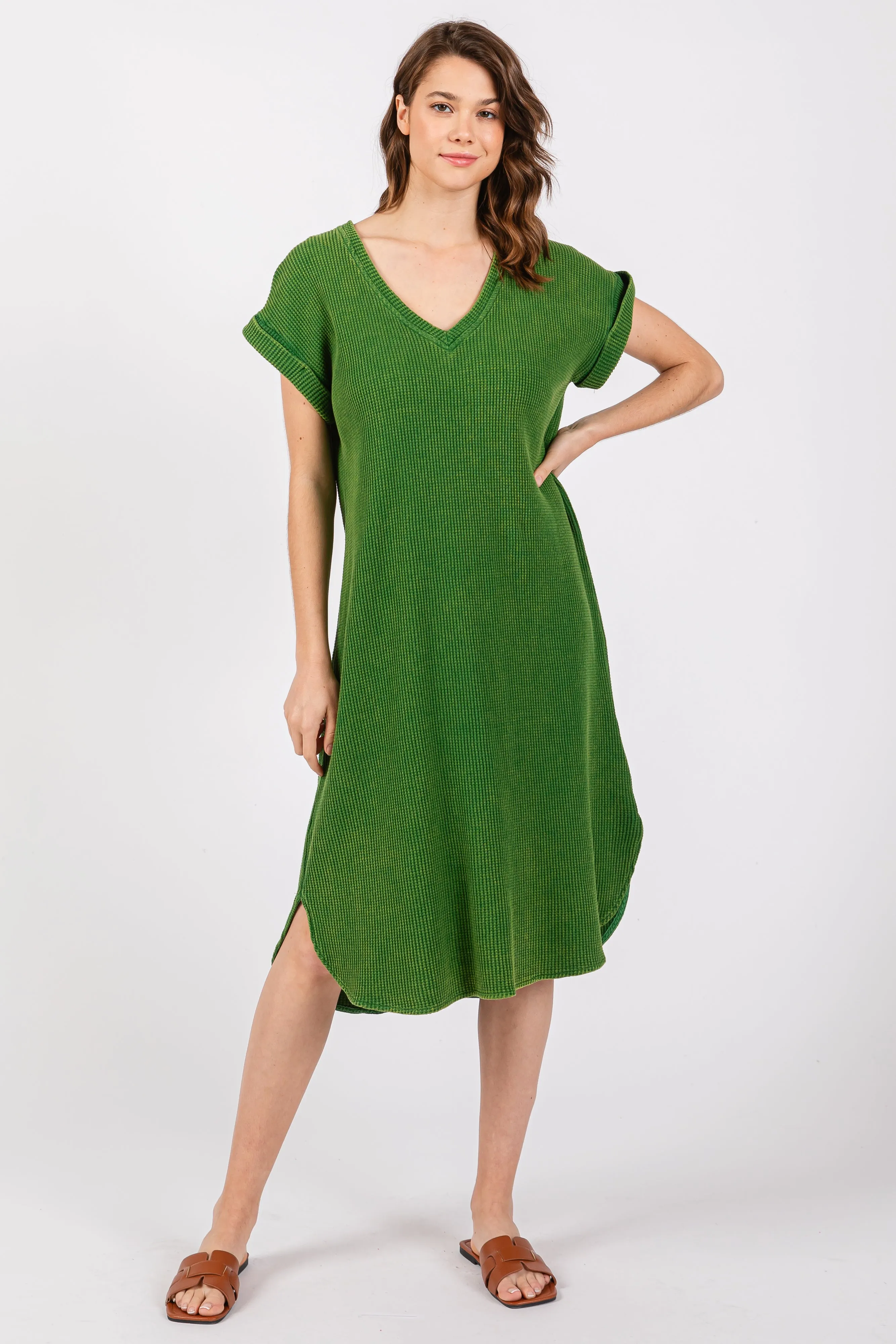 Green Waffle Knit Short Sleeve Dress sold by Pinkblush