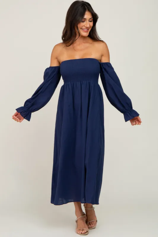 Navy Blue Linen Smocked Square Neck Short Puff Sleeve Midi Dress sold by Pinkblush