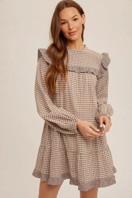 Taupe Ruffle Trim Tiered Skirt Mini Dress sold by Pinkblush