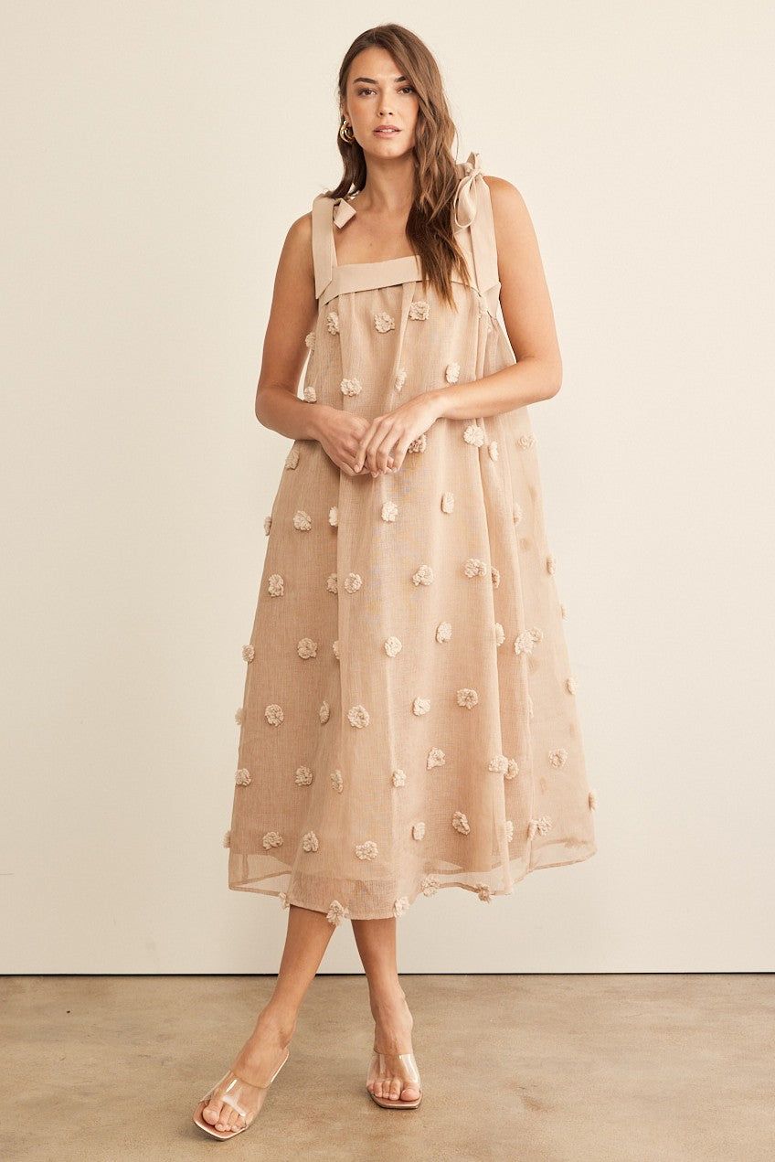 Mocha Blossom Floral Embroidery Shoulder Tie Dress sold by Pinkblush
