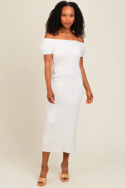 Ivory Tulle Ruffle Off Shoulder Sweater Midi Dress sold by Pinkblush