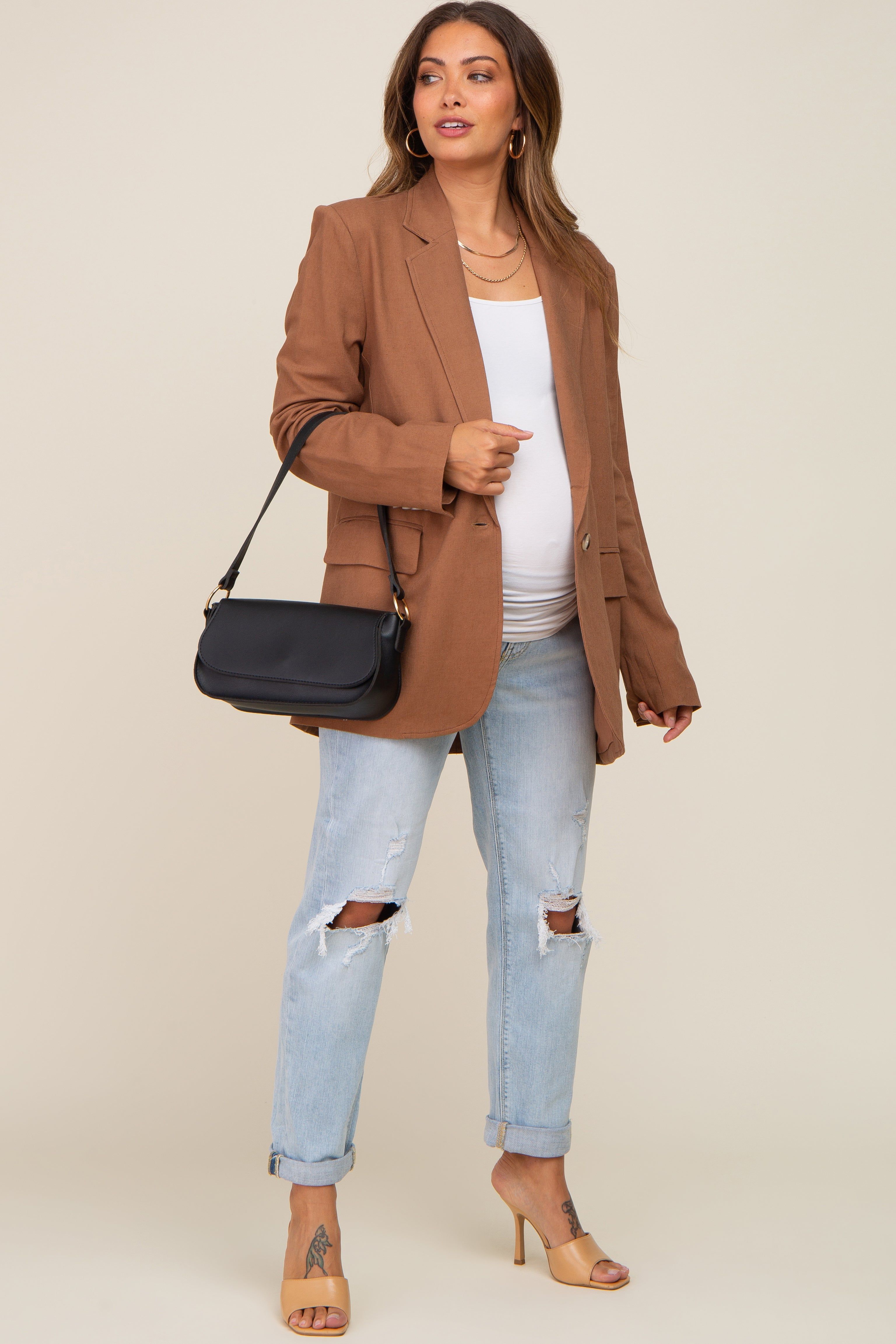 Brown Linen Front Pocket Maternity Blazer sold by Pinkblush product image thumbnail 6