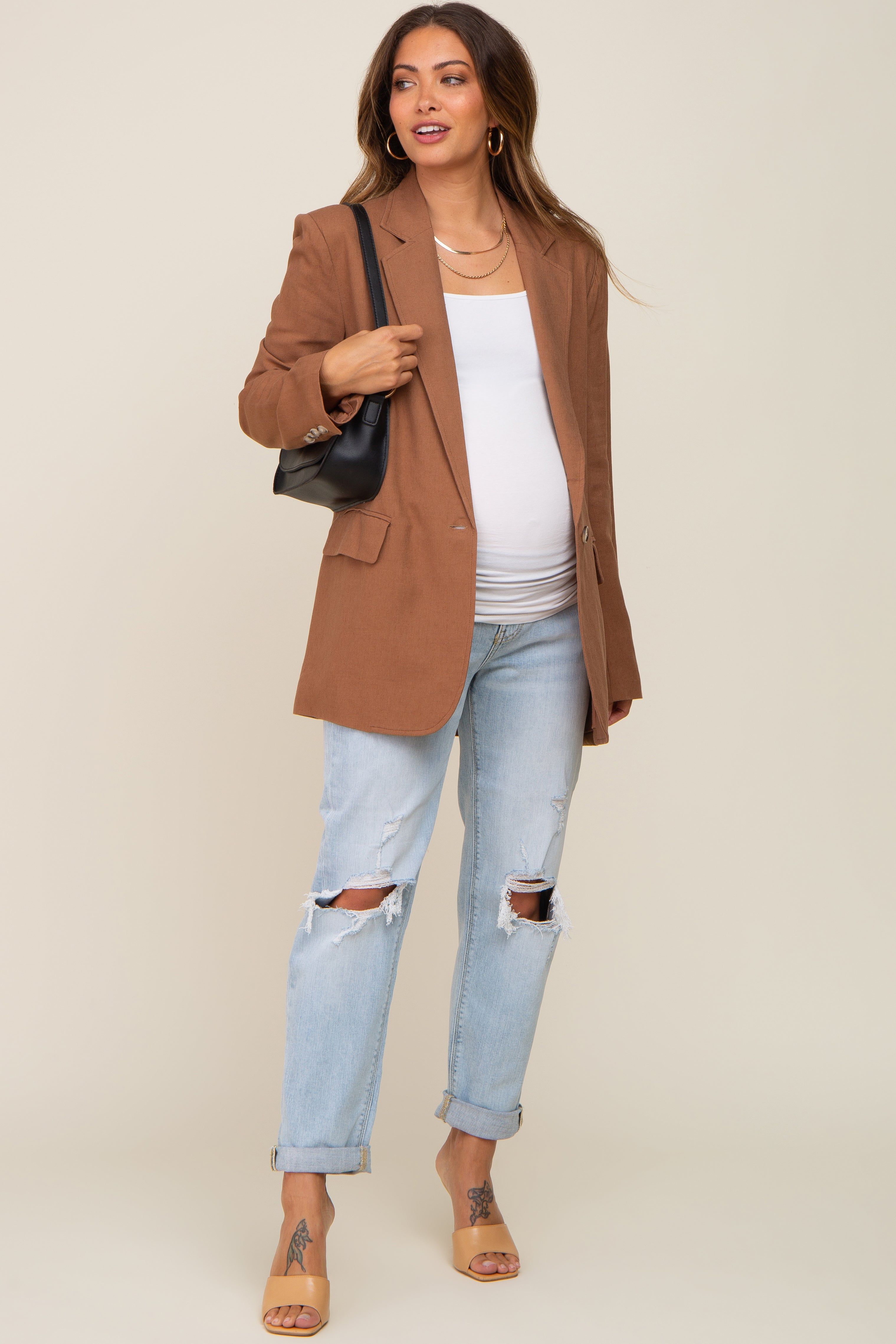 Brown Linen Front Pocket Maternity Blazer sold by Pinkblush product image thumbnail 4