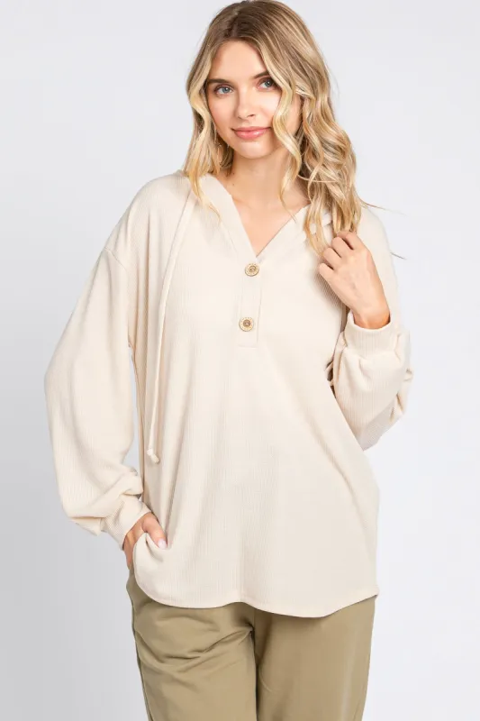 Beige Button Accent Hooded Henley Top sold by Pinkblush