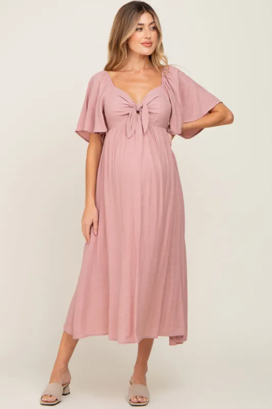 Mauve Front Tie Ruffle Sleeve Maternity Midi Dress sold by Pinkblush