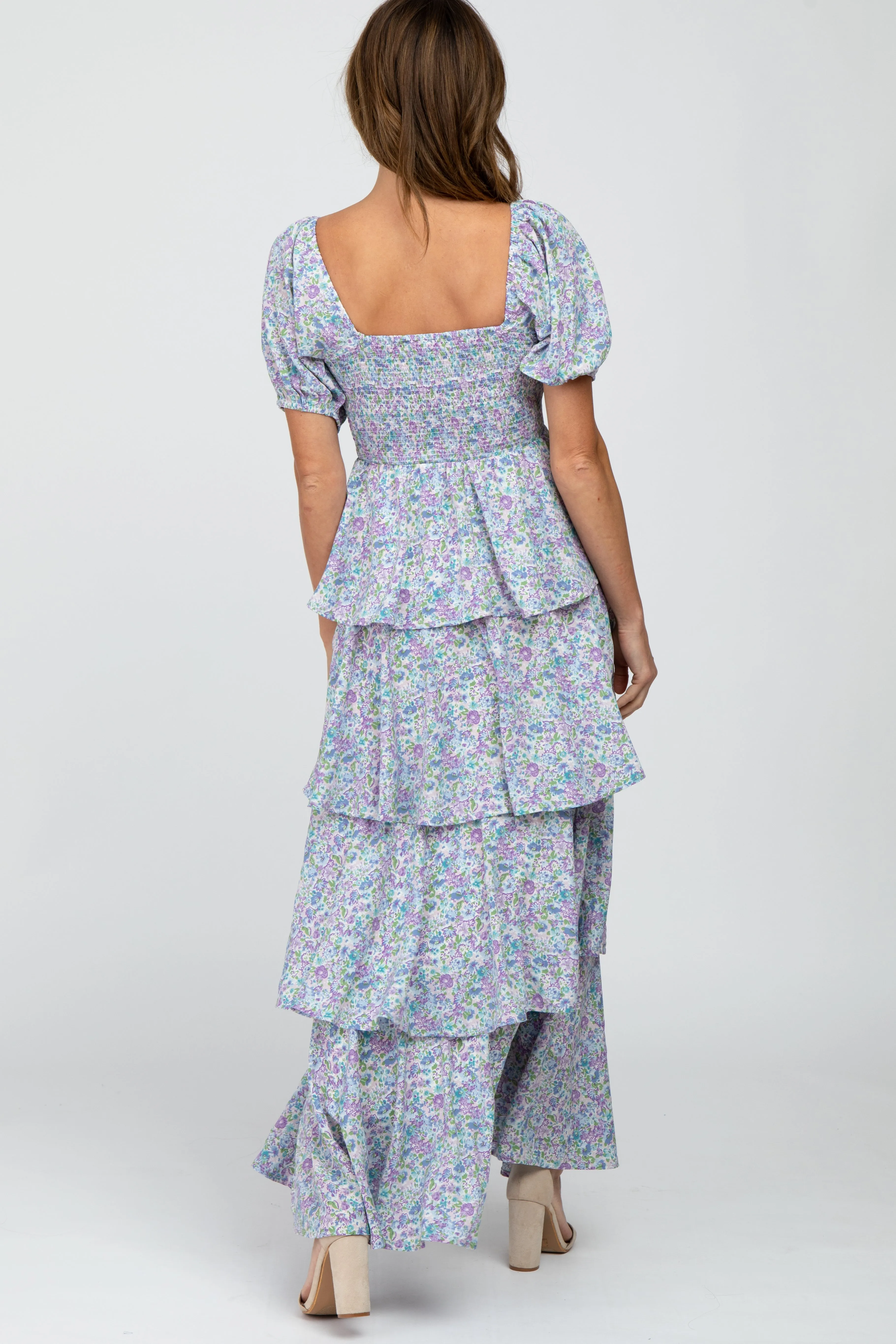 Blue Floral Square Neck Ruffle Layered Maxi Dress sold by Pinkblush product image thumbnail 3
