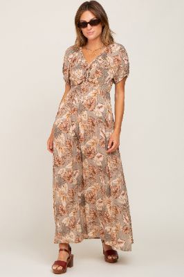Taupe Leaf Print Cinched Accent Maxi Dress sold by Pinkblush