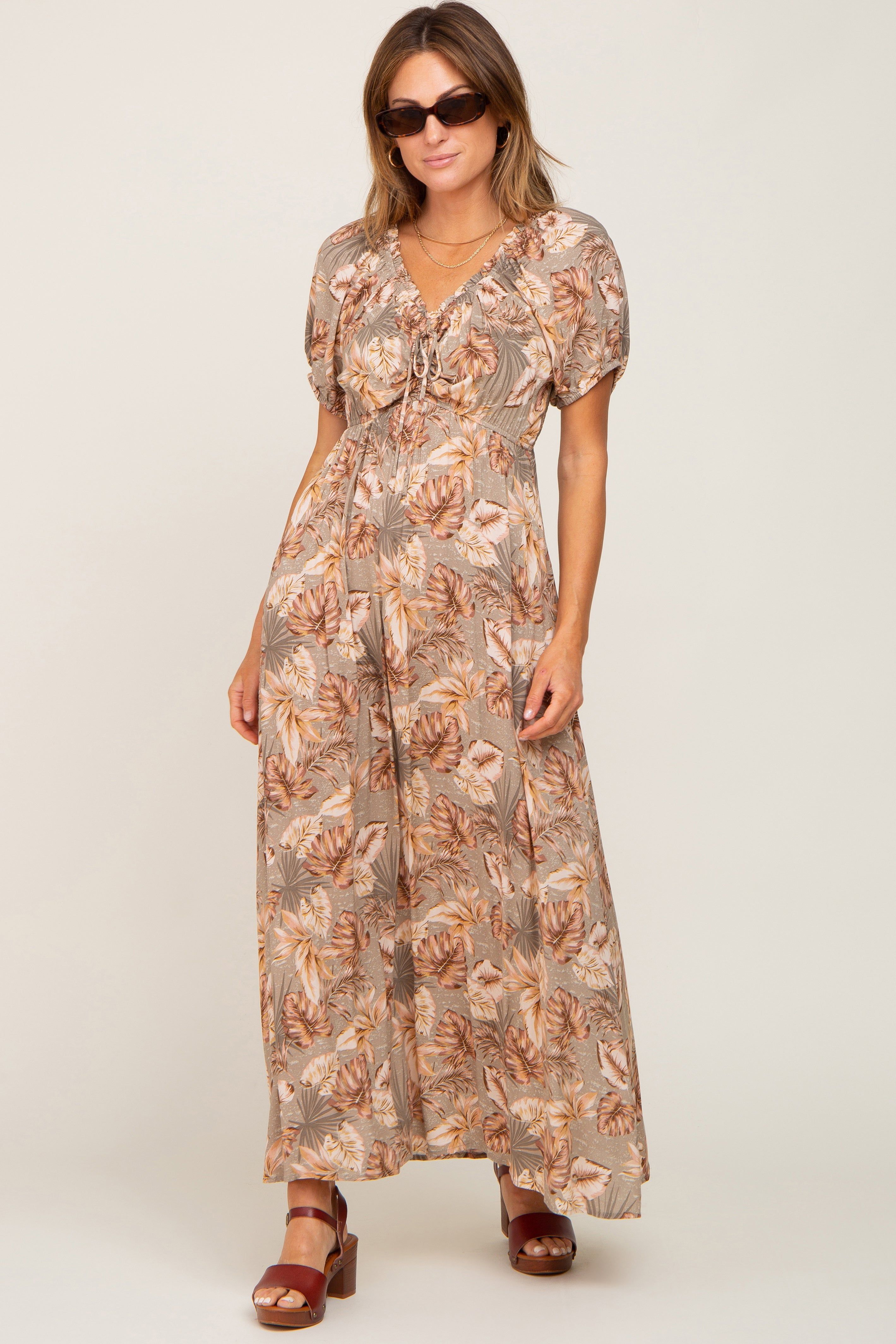 Taupe Leaf Print Cinched Accent Maxi Dress sold by Pinkblush