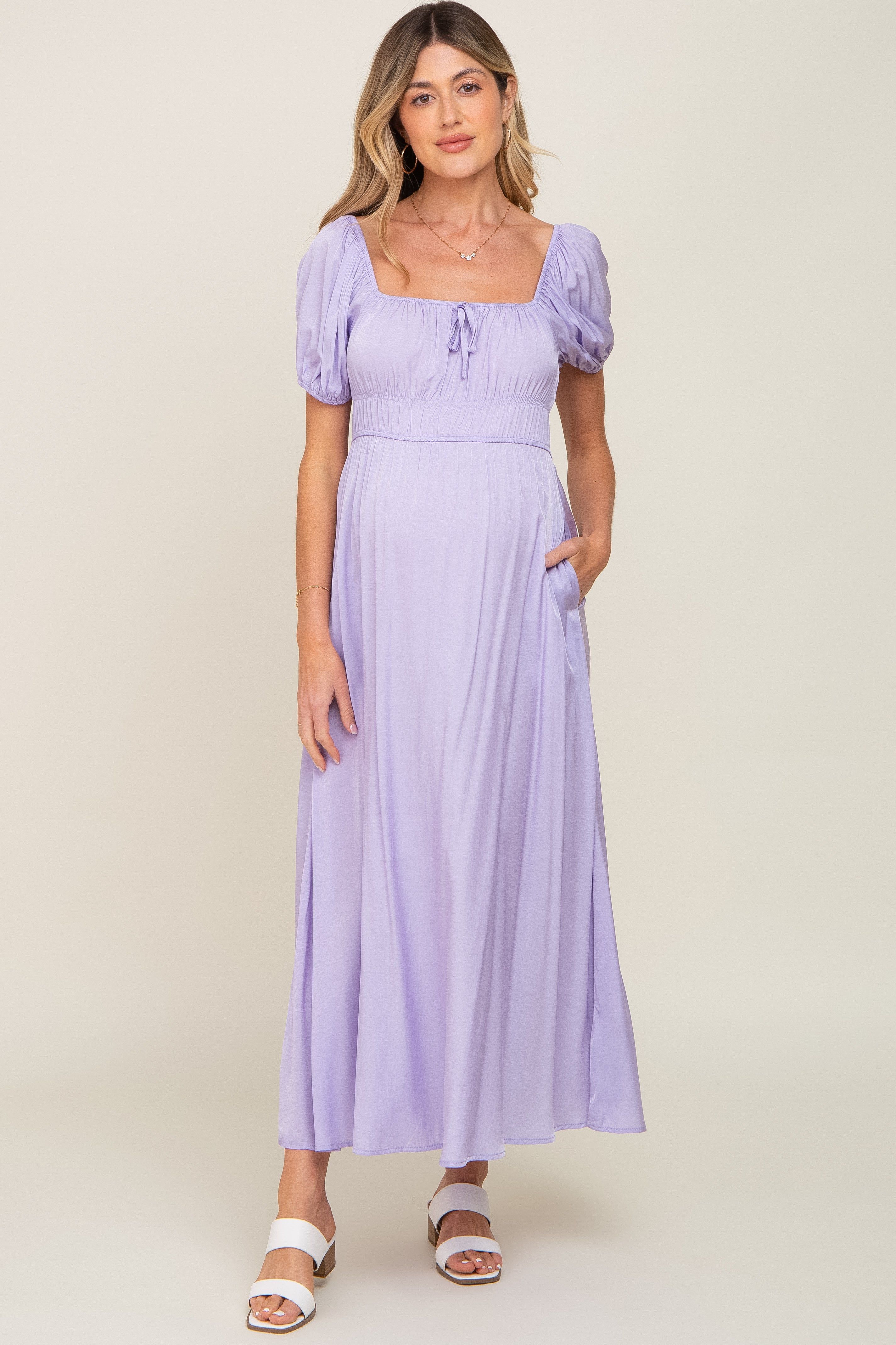 Lavender Puff Sleeve Maternity Maxi Dress sold by Pinkblush