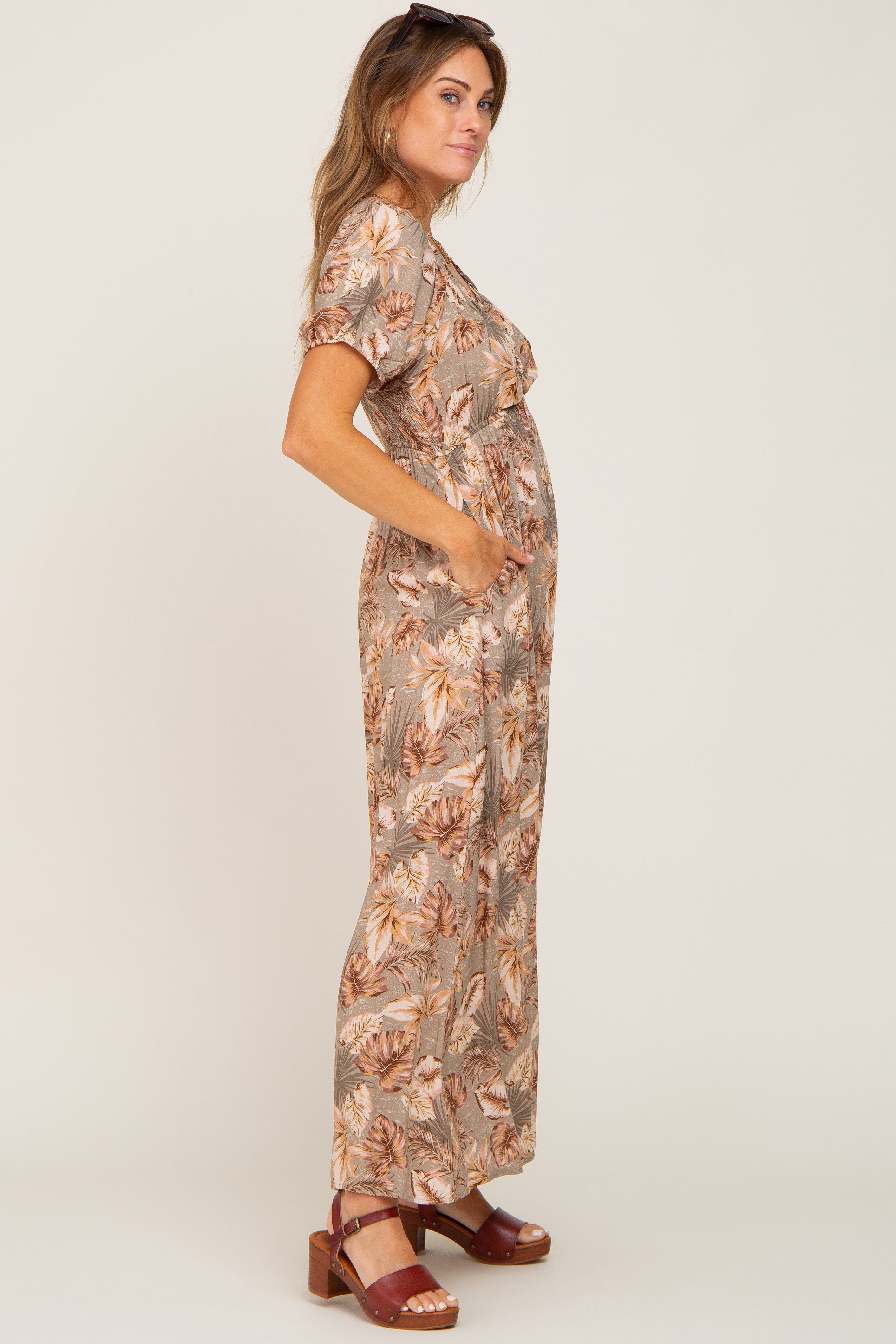 Taupe Leaf Print Cinched Accent Maxi Dress sold by Pinkblush product image thumbnail 2