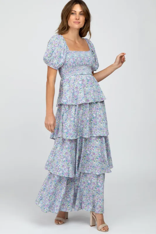 Blue Floral Square Neck Ruffle Layered Maxi Dress sold by Pinkblush
