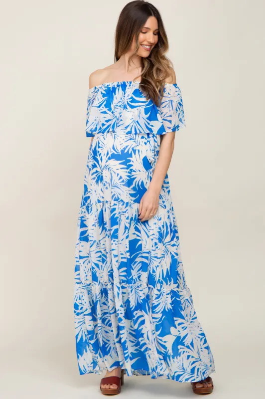 Blue Leaf Print Strapless Tiered Maternity Maxi Dress sold by Pinkblush