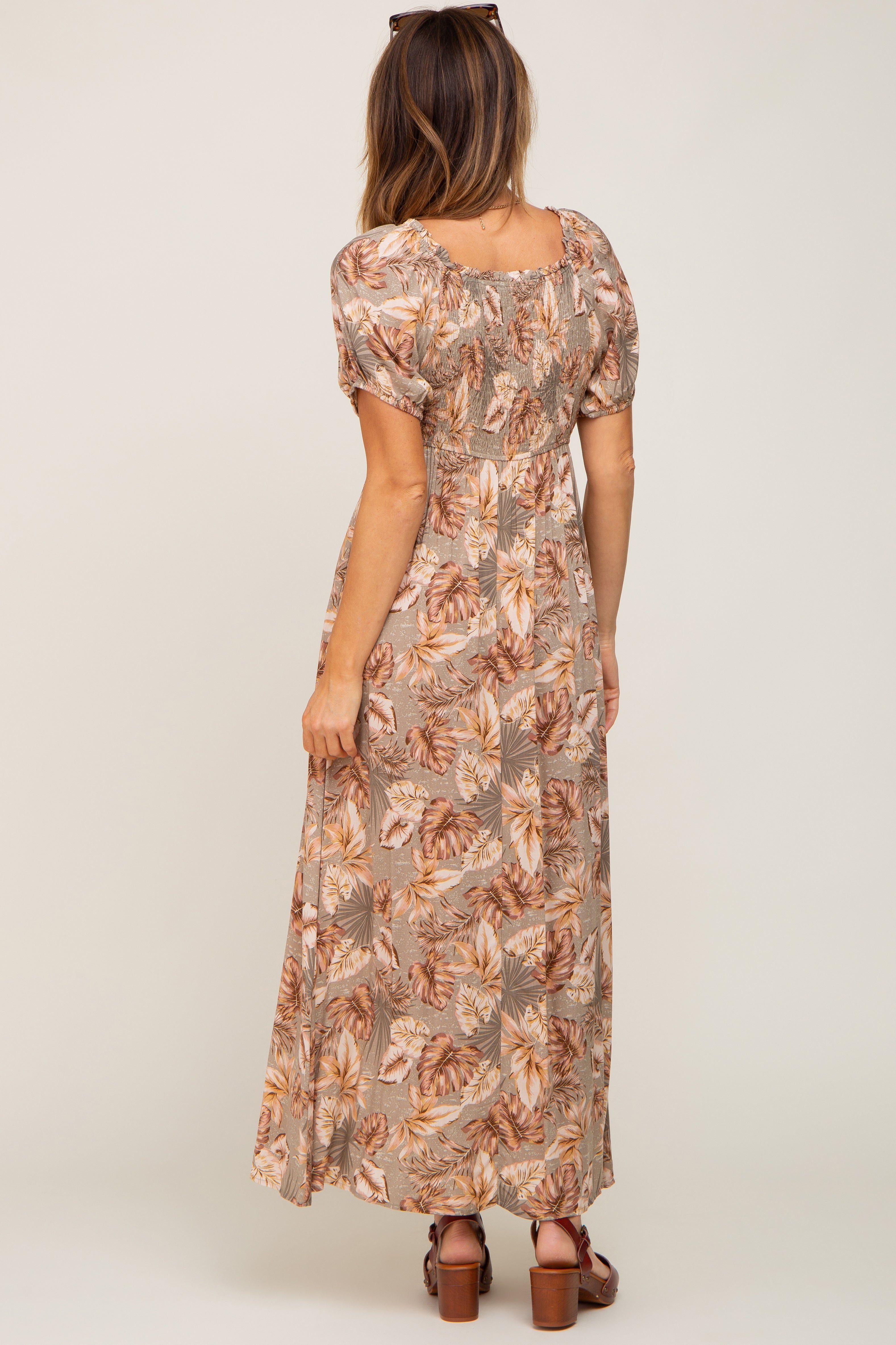 Taupe Leaf Print Cinched Accent Maxi Dress sold by Pinkblush product image thumbnail 3