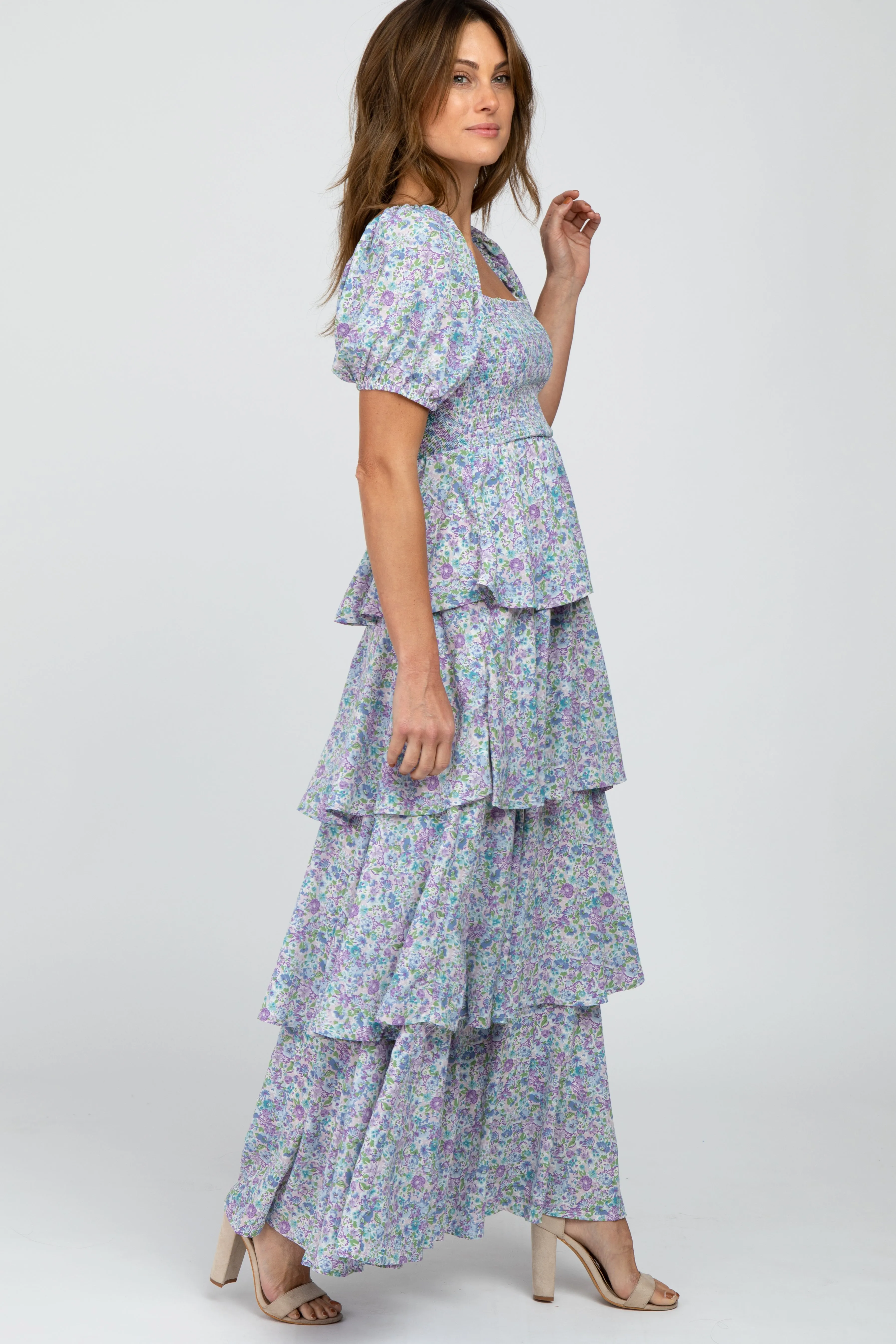 Blue Floral Square Neck Ruffle Layered Maxi Dress sold by Pinkblush product image thumbnail 2
