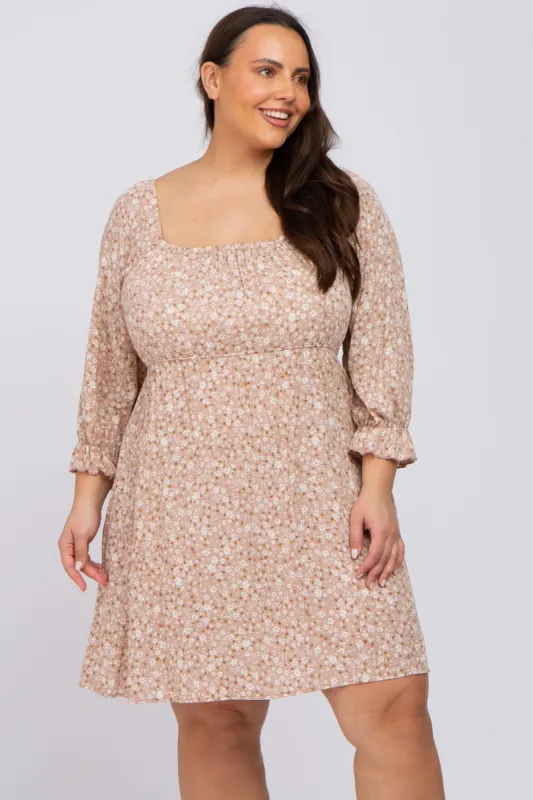 Taupe Floral 3/4 Sleeve Plus Dress sold by Pinkblush