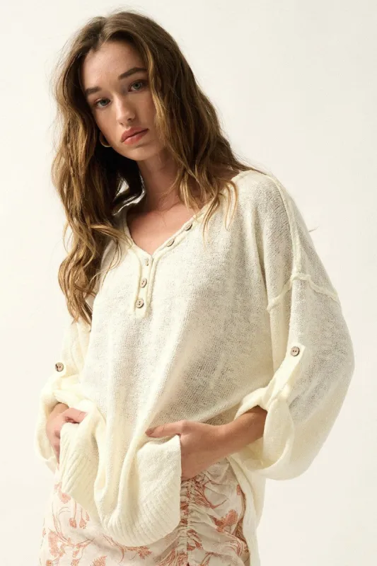 Cream Lightweight Knit Oversized Roll-Up Henley Sweater sold by Pinkblush