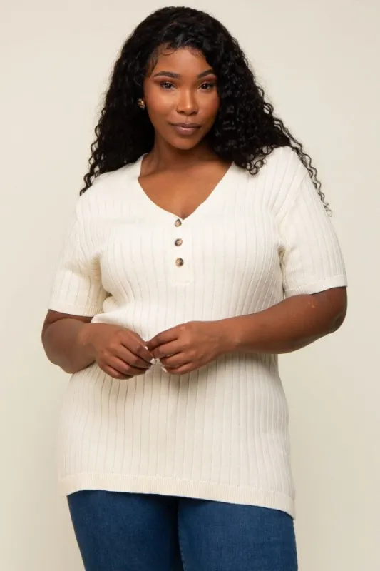 Cream Ribbed Knit Button Plus Top sold by Pinkblush