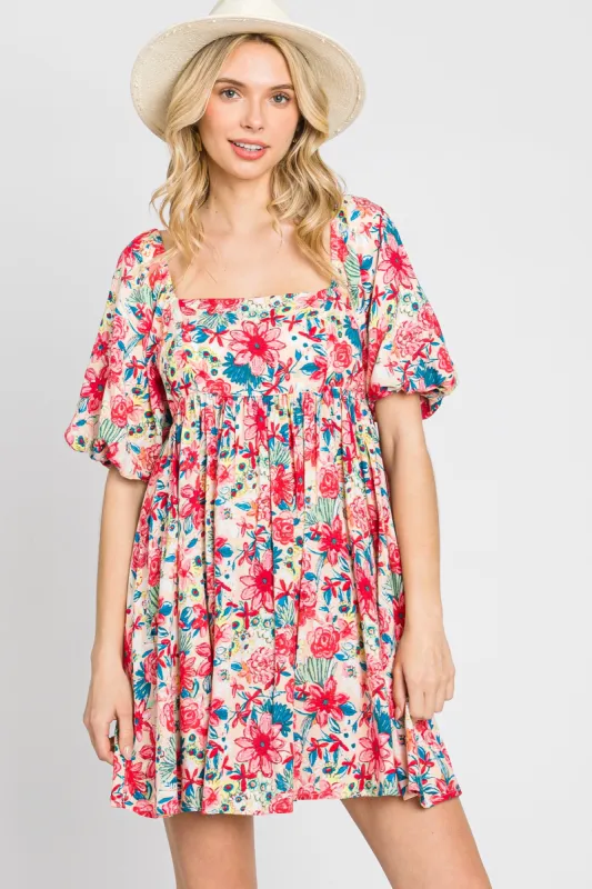 Pink Floral Puff Sleeve Mini Dress sold by Pinkblush