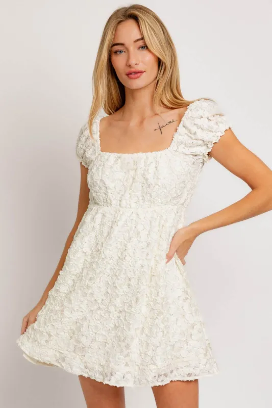 White Ruffle Cap Sleeve Square Neck Babydoll Mini Dress sold by Pinkblush