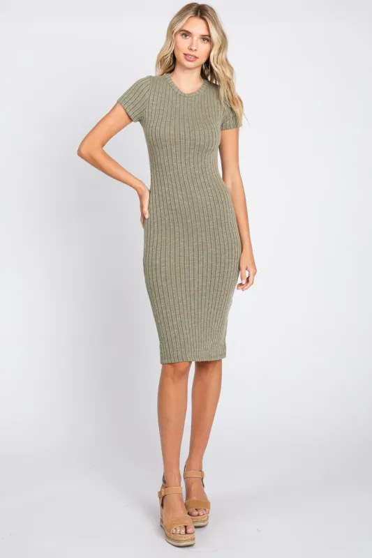 Light Olive Ribbed Fitted Dress sold by Pinkblush