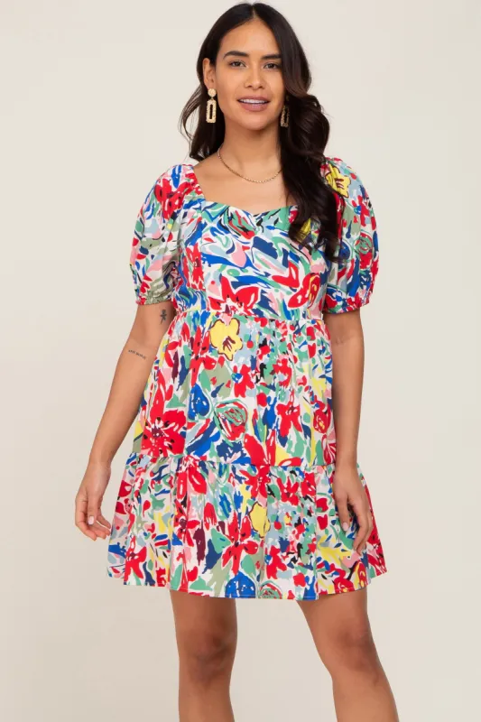 Red Floral Sweetheart Neck Short Puff Sleeve Maternity Dress sold by Pinkblush