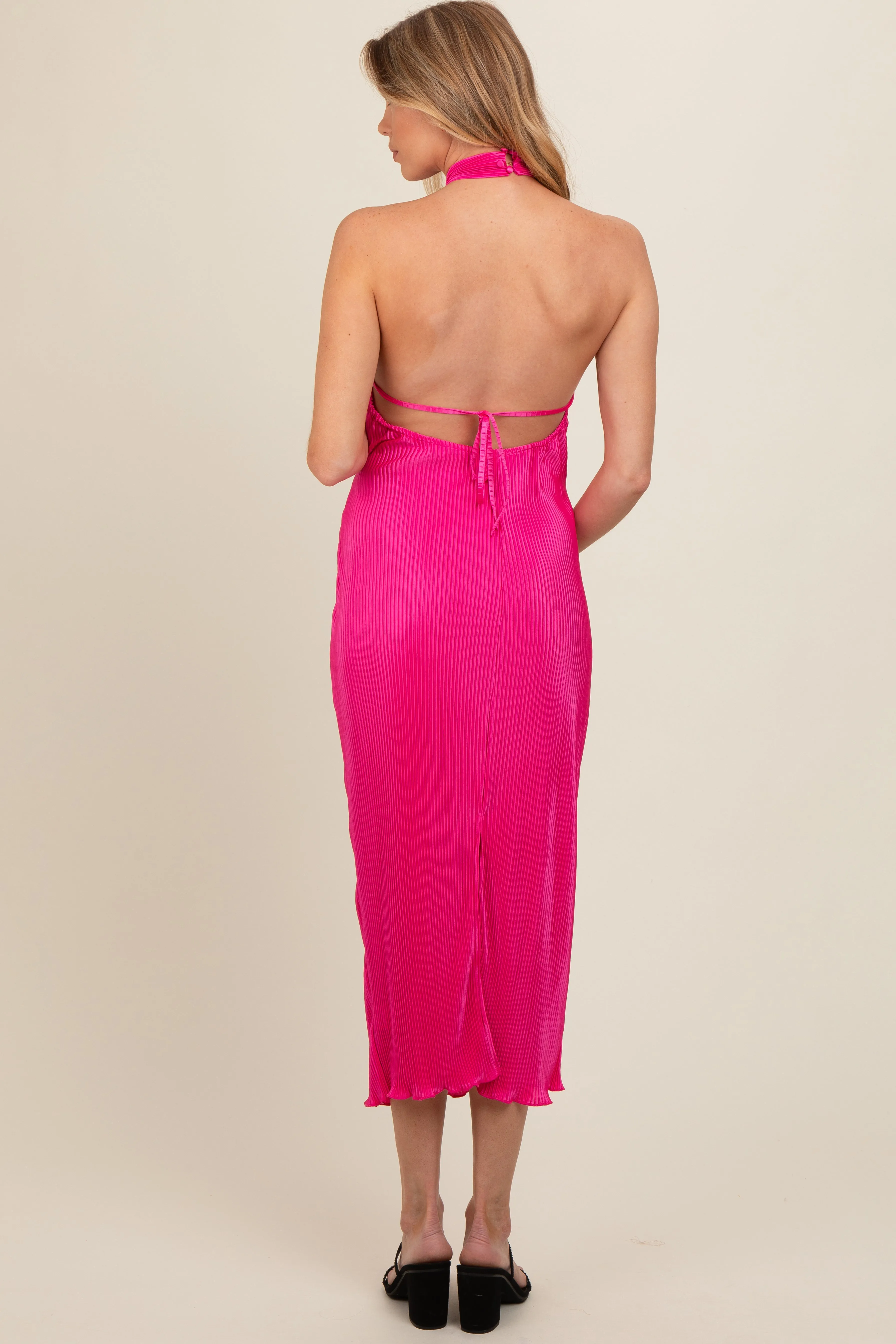 Fuchsia Knot Front Plisse Halter Maternity Midi Dress sold by Pinkblush product image thumbnail 3