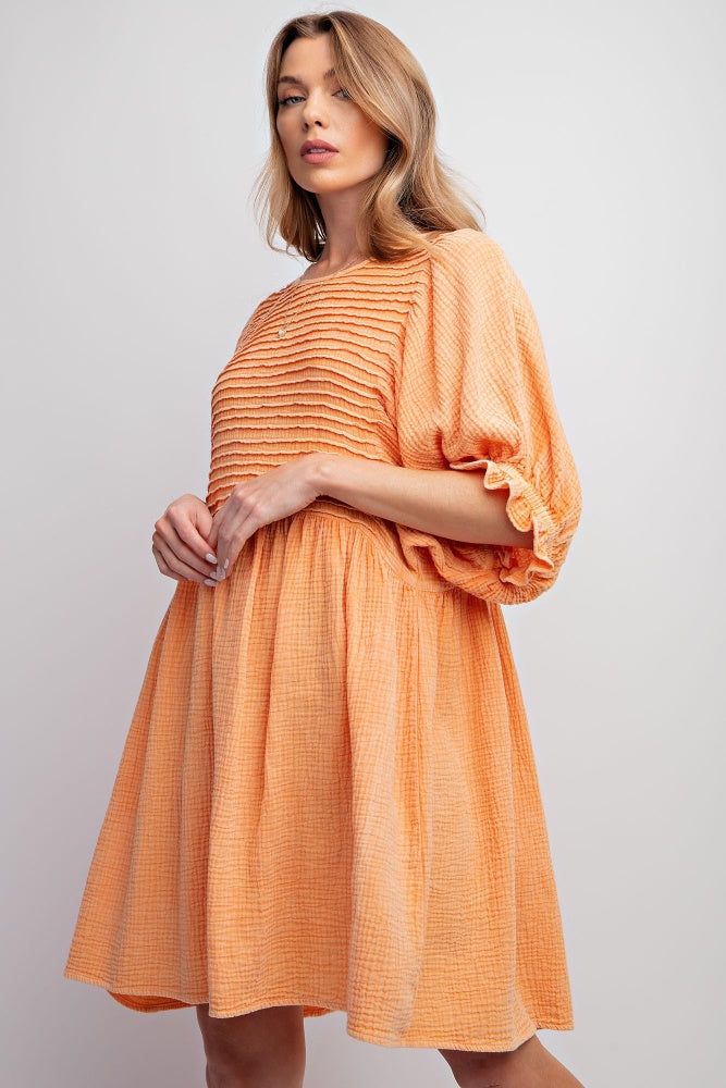 Tangerine Pintuck Mineral Washed Cotton Gauze Mini Dress sold by Pinkblush product image thumbnail 3