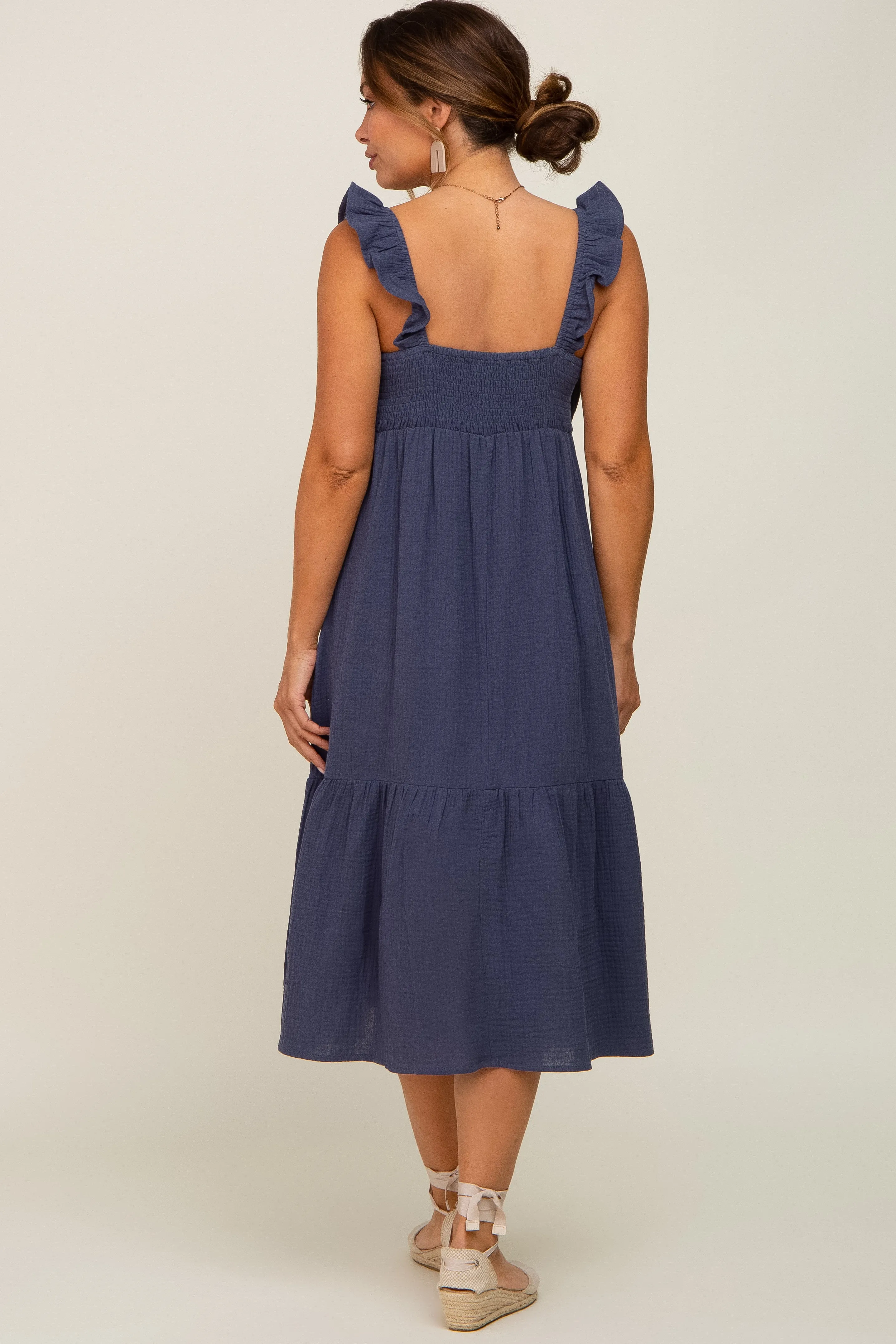Navy Gauze Ruffle Maternity Midi Dress sold by Pinkblush product image thumbnail 4