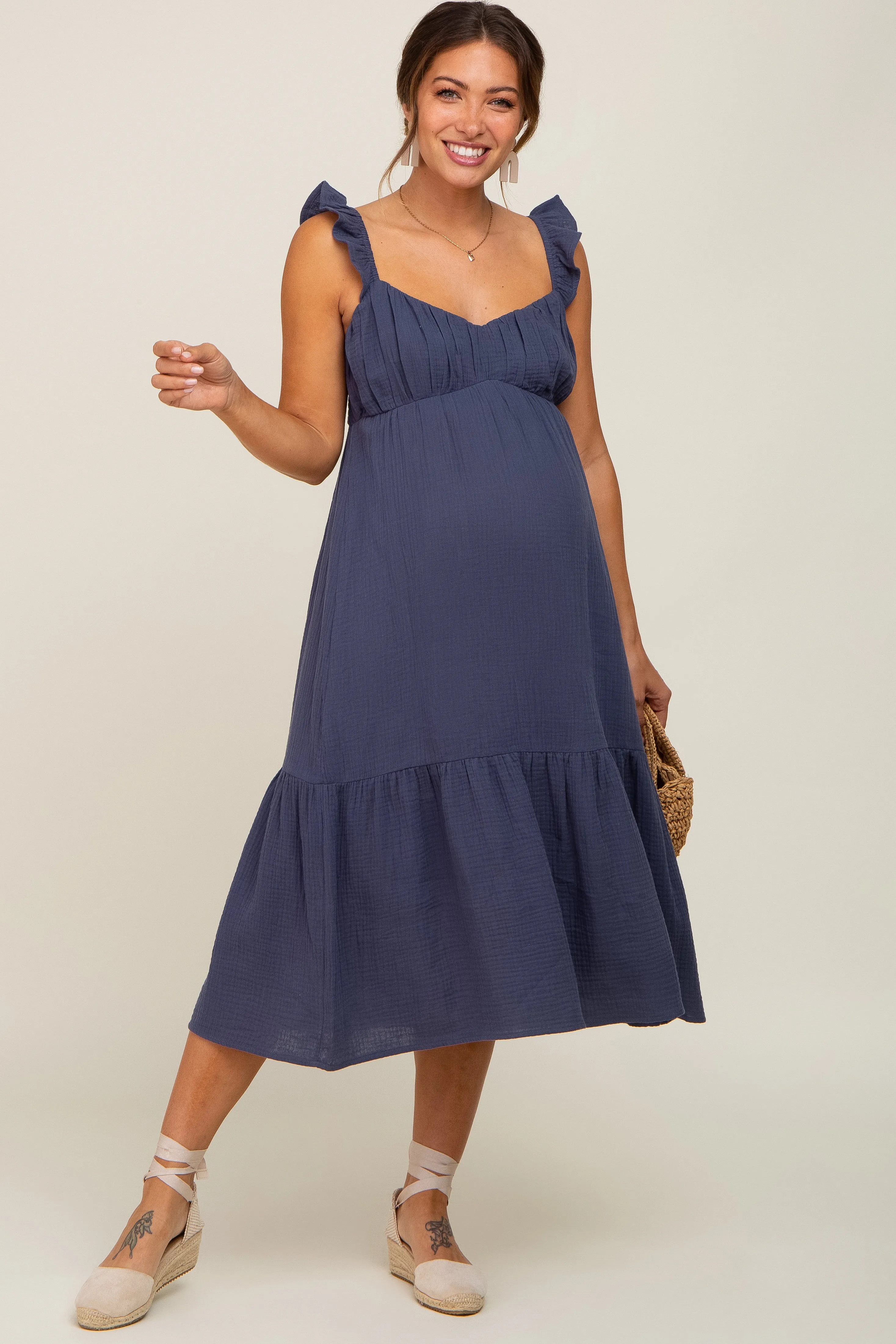 Navy Gauze Ruffle Maternity Midi Dress sold by Pinkblush