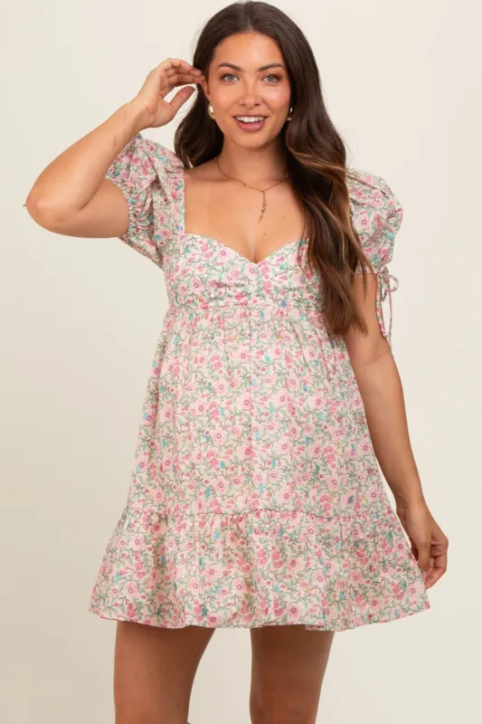 Cream Floral Sweetheart Neck Short Puff Sleeve Maternity Dress sold by Pinkblush