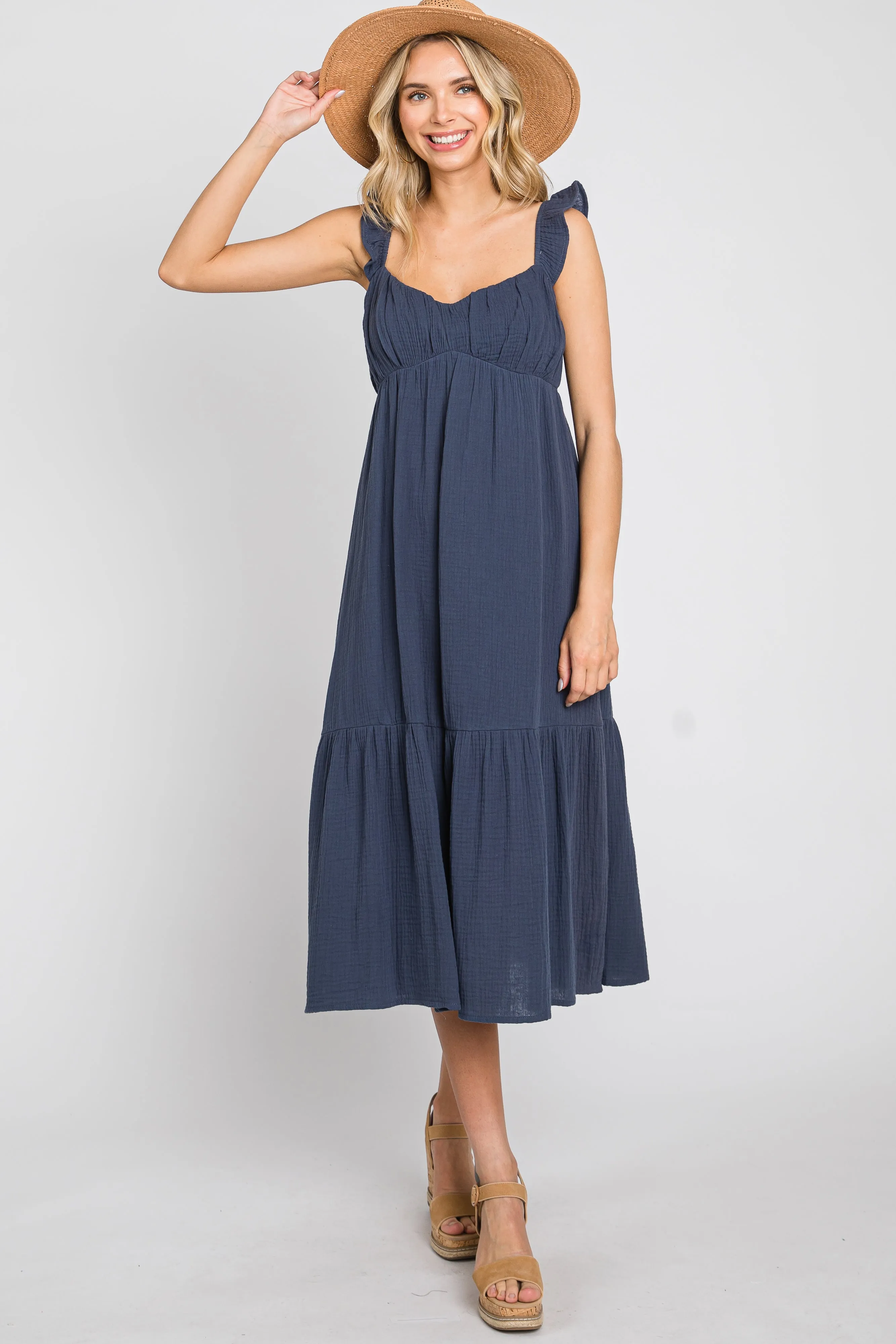 Navy Gauze Ruffle Maternity Midi Dress sold by Pinkblush product image thumbnail 5