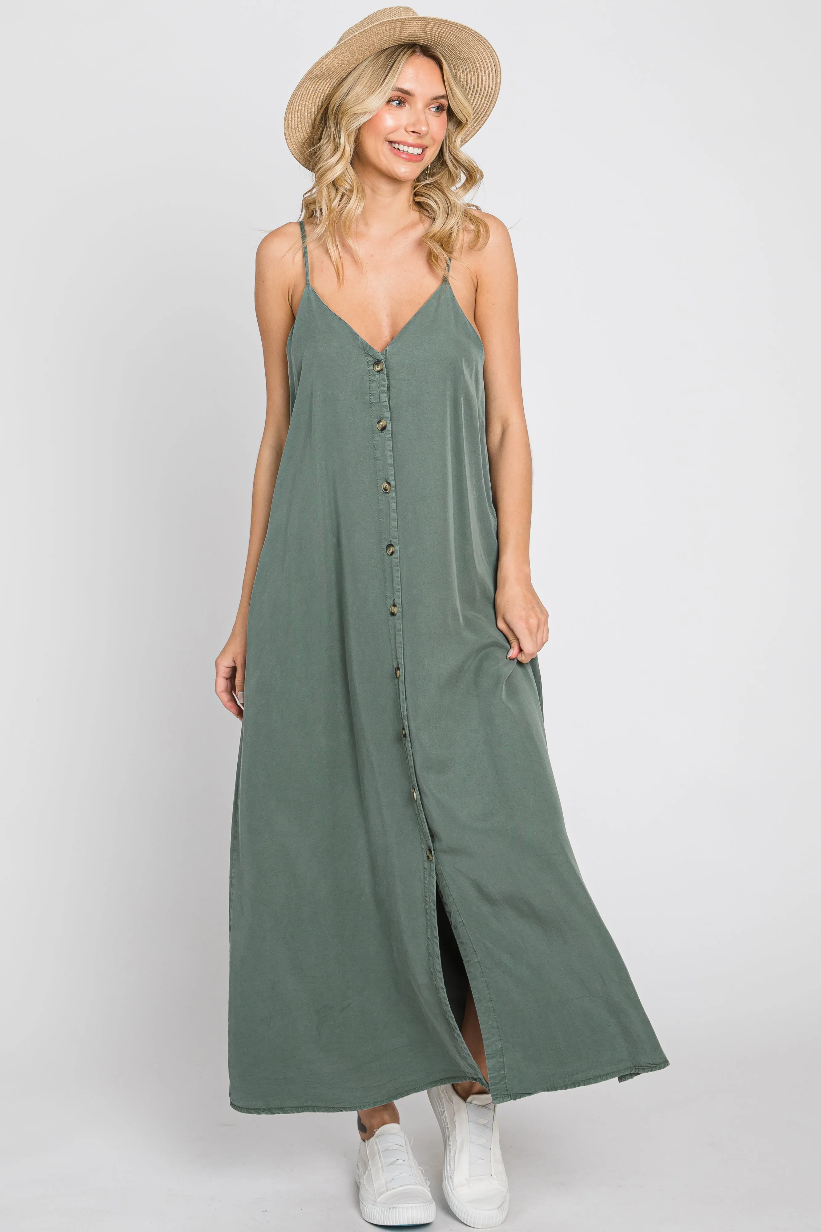 Olive Button Down Midi Tank Dress sold by Pinkblush