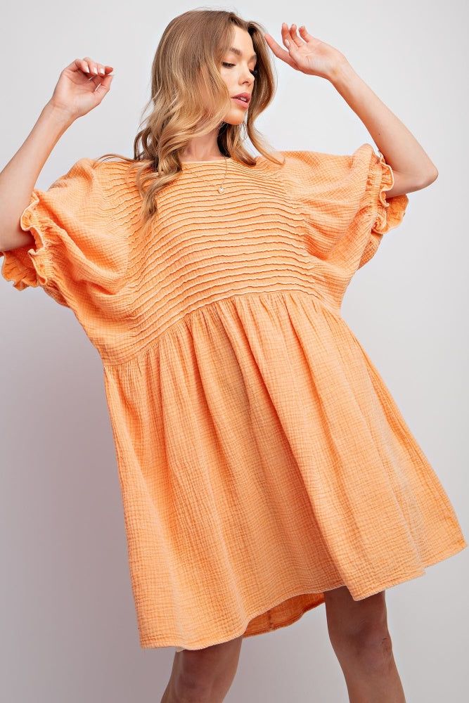 Tangerine Pintuck Mineral Washed Cotton Gauze Mini Dress sold by Pinkblush product image thumbnail 2
