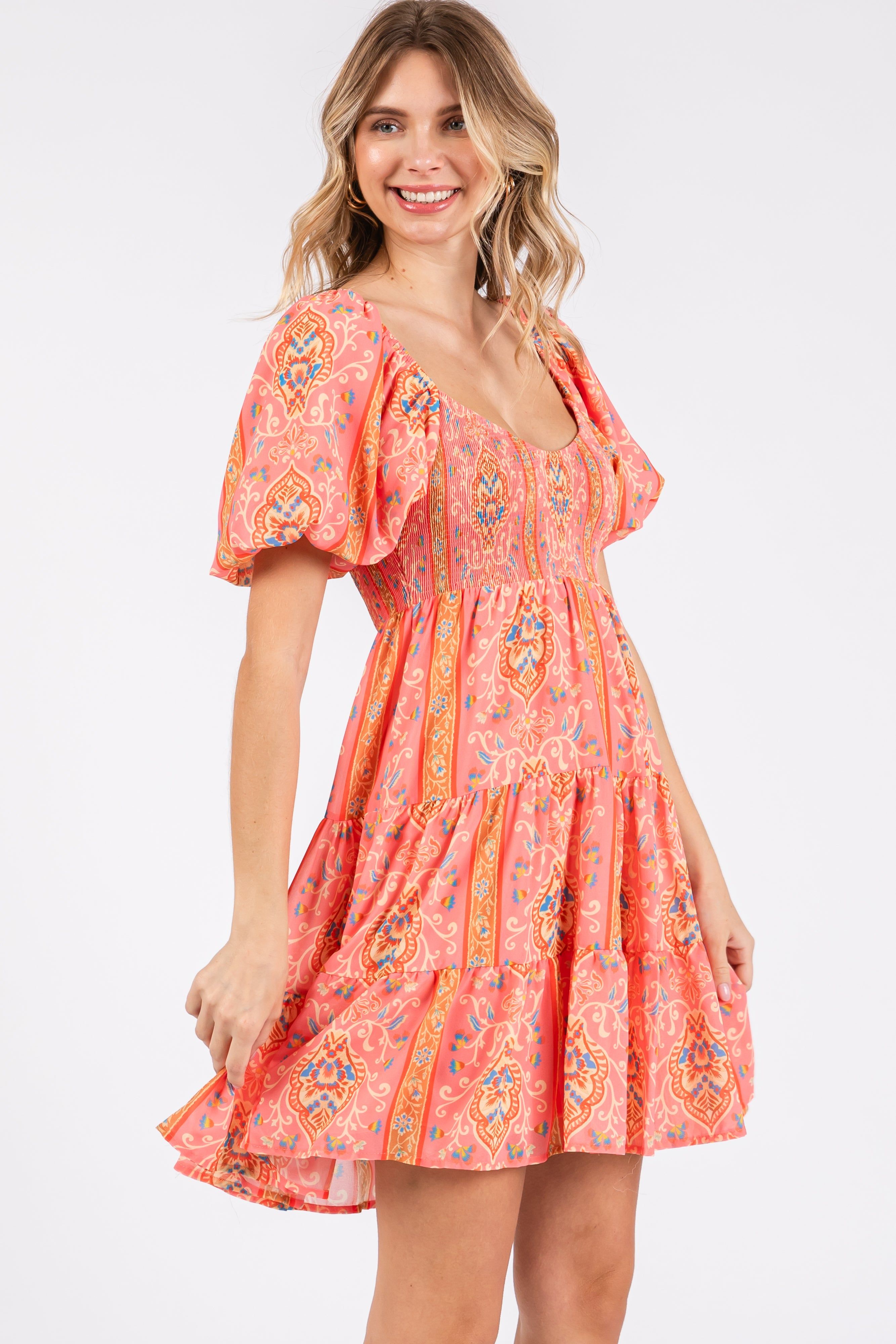 Pink Floral Smocked V-Neck Short Puff Sleeve Dress sold by Pinkblush product image thumbnail 2