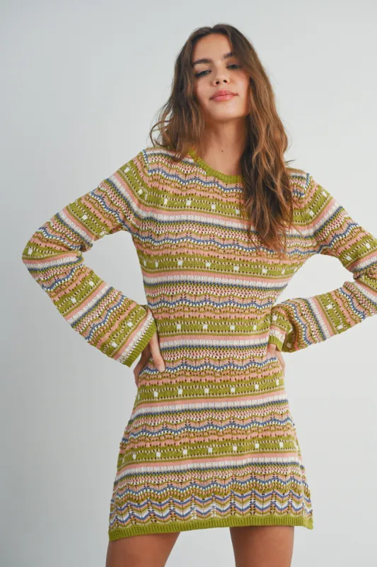 Green Multi Multicolored Crochet Sweater Dress sold by Pinkblush