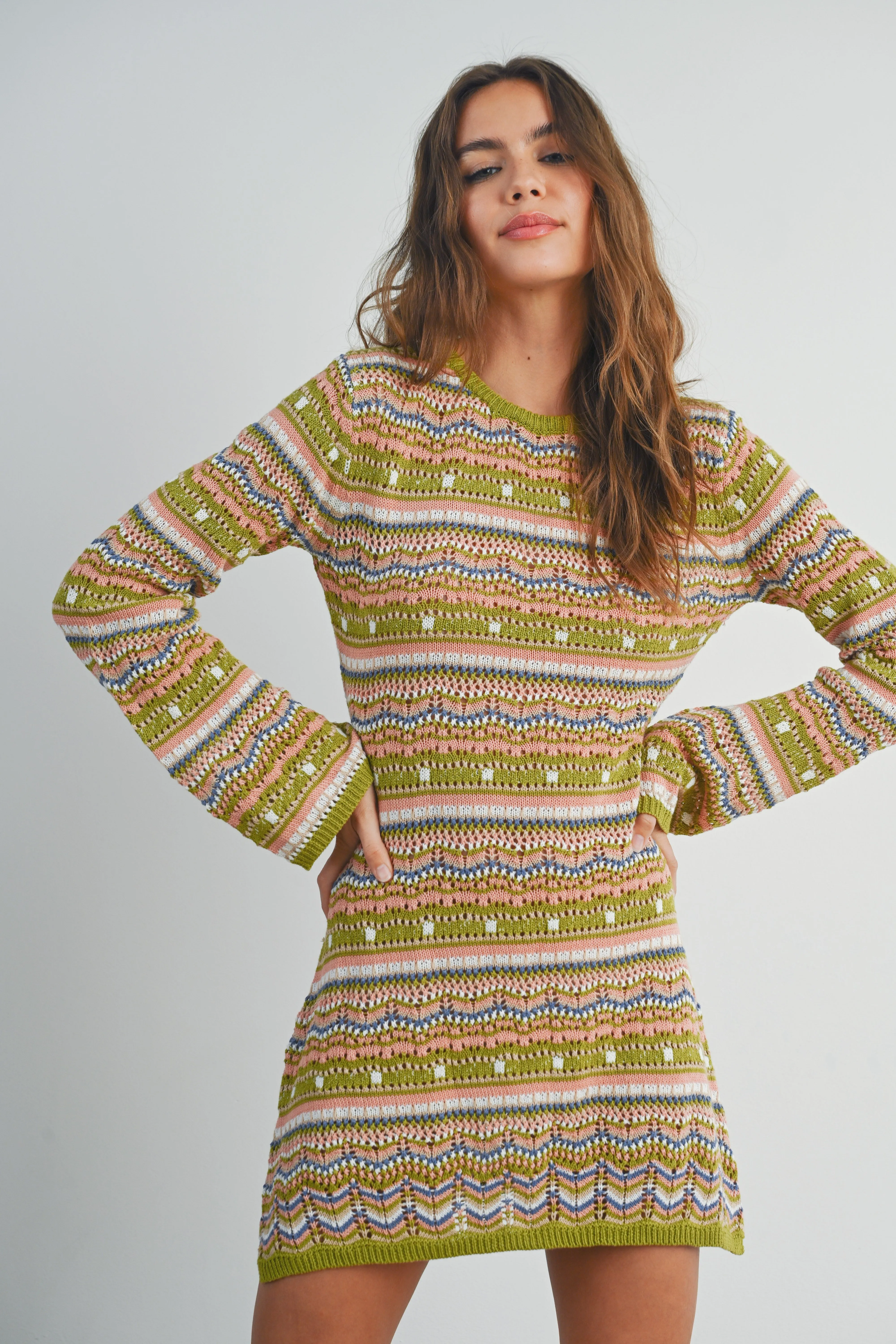 Green Multi Multicolored Crochet Sweater Dress sold by Pinkblush