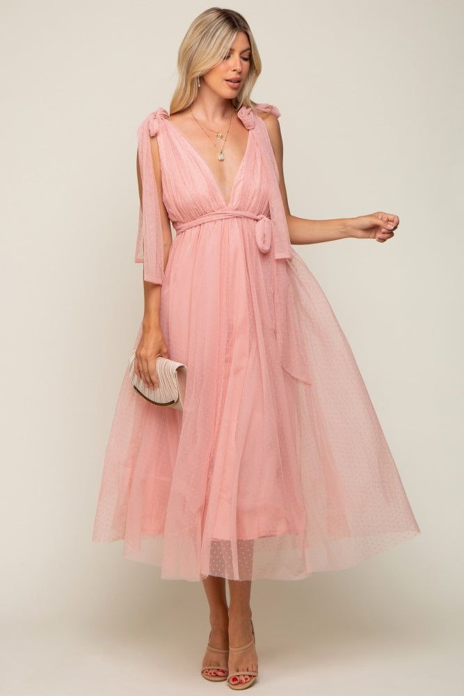 Pink Dotted Tulle Deep V-Neck Shoulder Tie Maternity Midi Dress sold by Pinkblush product image thumbnail 6