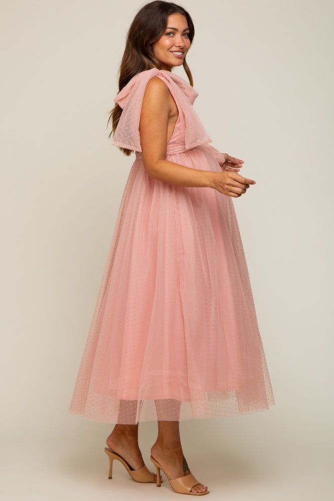 Pink Dotted Tulle Deep V-Neck Shoulder Tie Maternity Midi Dress sold by Pinkblush product image thumbnail 3